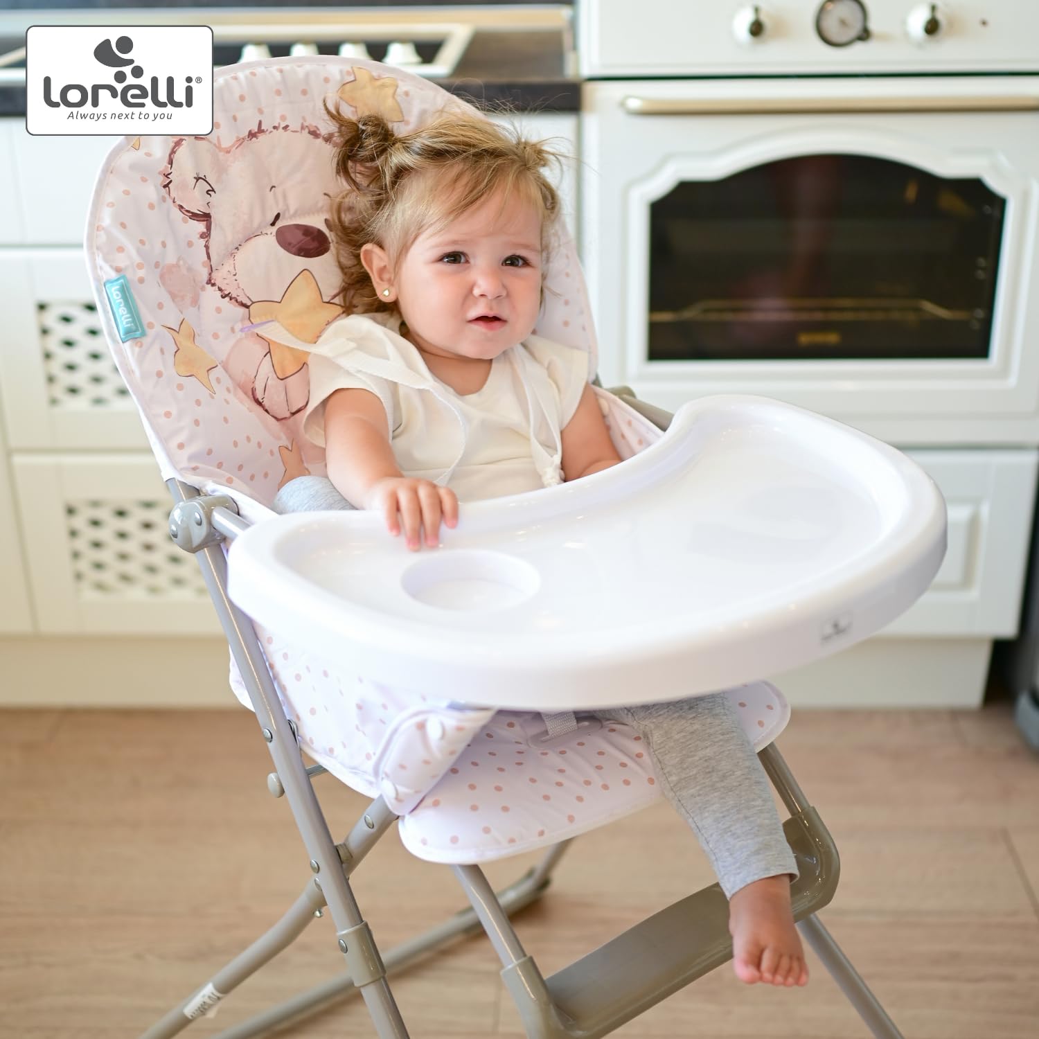 Lorelli Cookie krzesełko dziecięce składane, wysokie krzesło dla dzieci od 6 miesięcy do 15 kg, składane krzesełko do karmienia dla niemowląt z 5-punktowym pasem bezpieczeństwa, białe