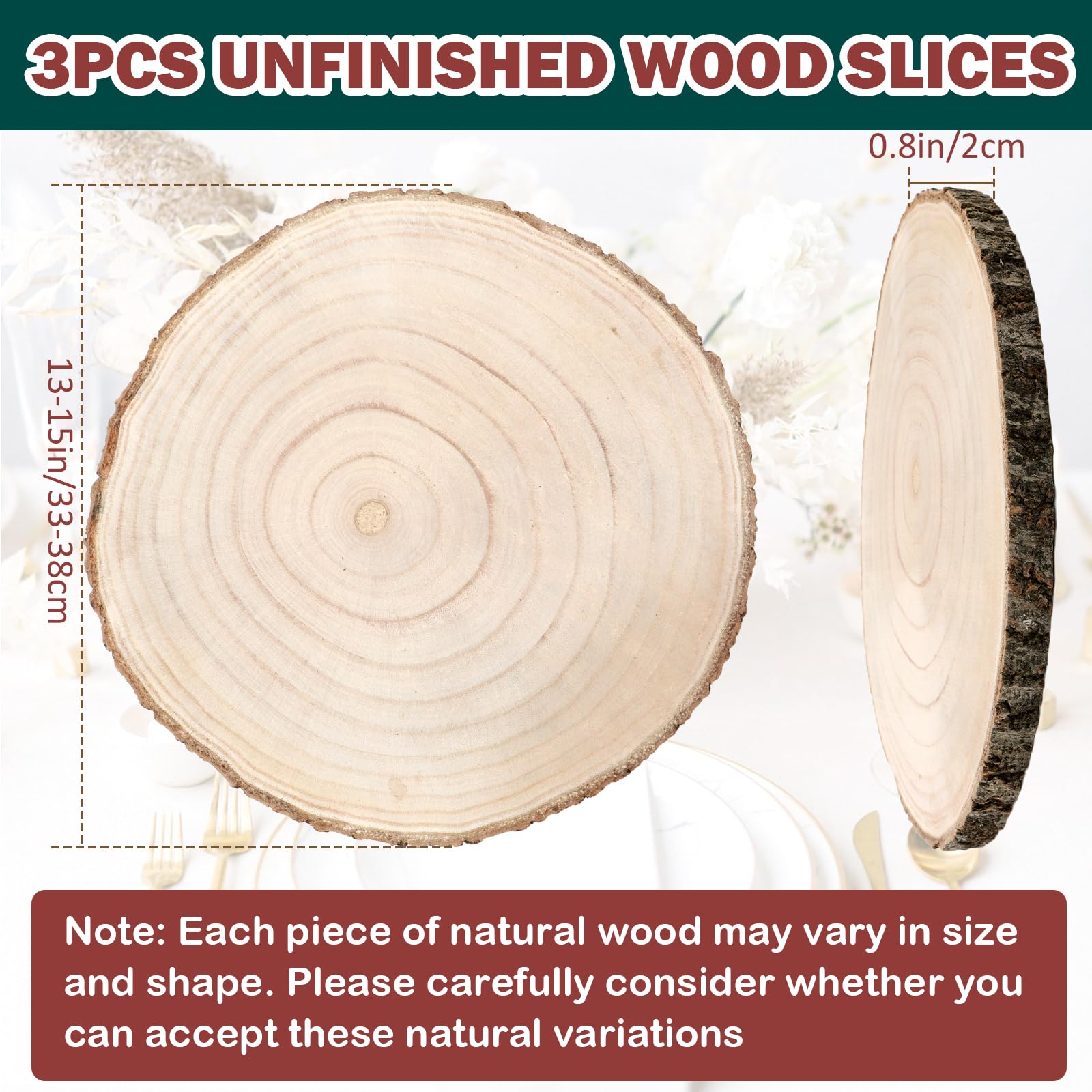 ZYNERY 3 Stück Holzscheiben für Tafelaufsätze 33-38.1 cm, unlackiertes Holz, rund, natürliches Paulownia-Holz-Tafelaufsätze für Tische, DIY Hochzeitsdekoration Holzstücke zum Malen