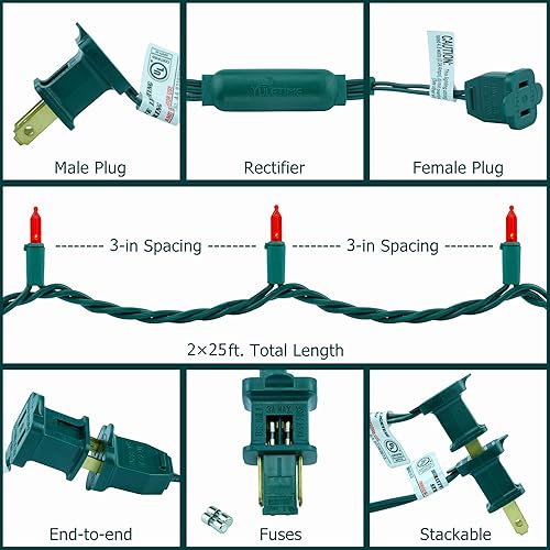 Miniatura 6 de YULETIME Luces LED rojas de Navidad, 200 unidades, 50 pies, paquete de 2 hebras de 25 pies, 100 luces con certificación UL (rojo)