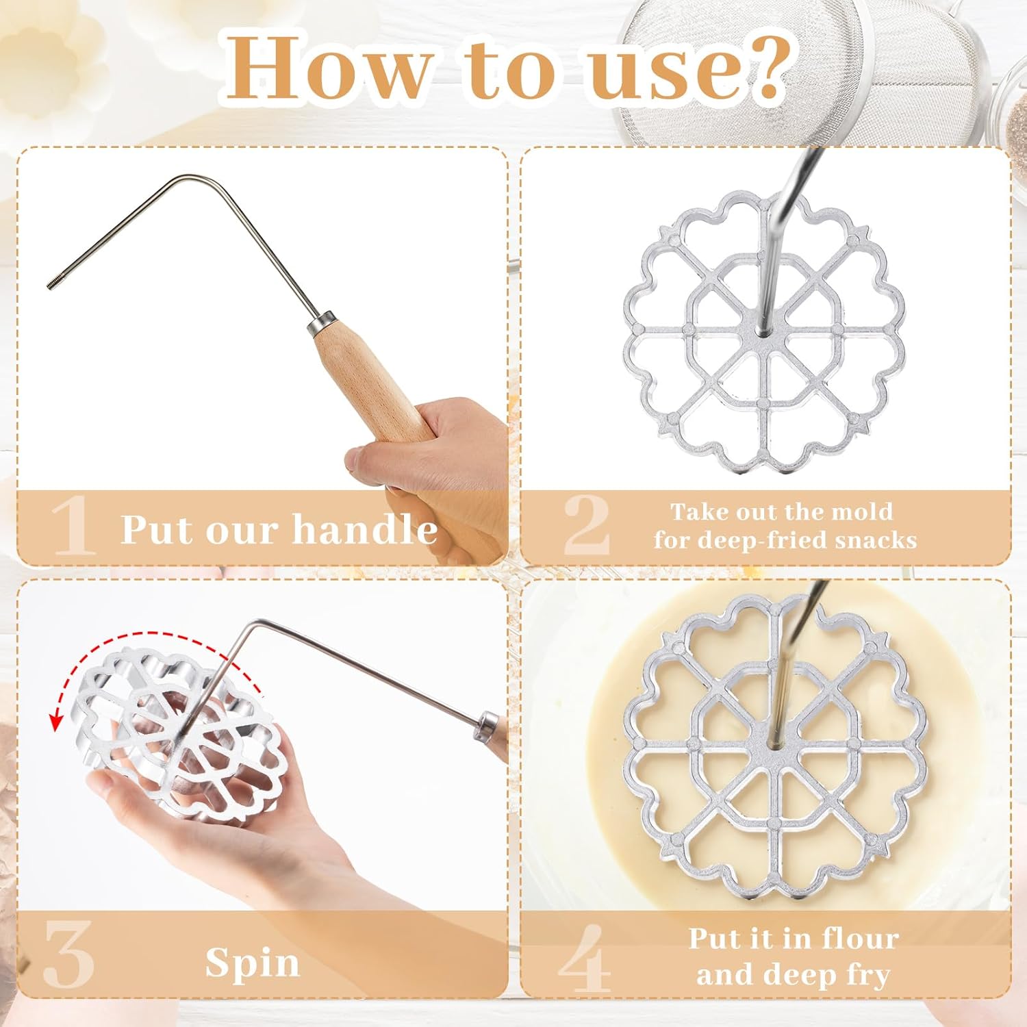 Ziliny 6 Pcs Rosette Iron Mold Set Bunuelos Mold with Handle Cooking Stamp Maker Kit Cookie Cutter Aluminum Alloy Waffle Maker with 3 Interchangeable Head Star Flower Circle(Wood)