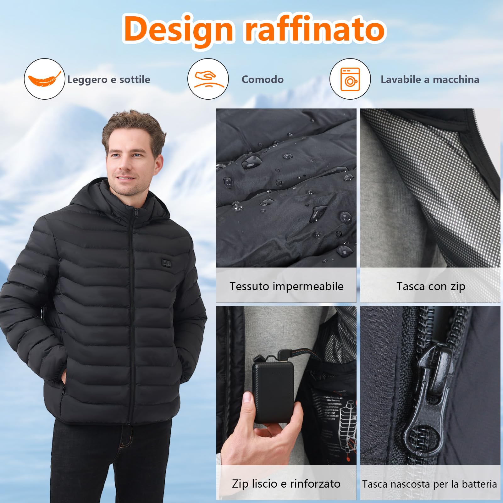 Giubbotto Riscaldato con Power Bank 10000mAh - Giacca Riscaldato con Cappuccio 5 Zone di Calore, 3 Livelli Doppi Controlle per Il Lavoro All'aperto Sci Trekking