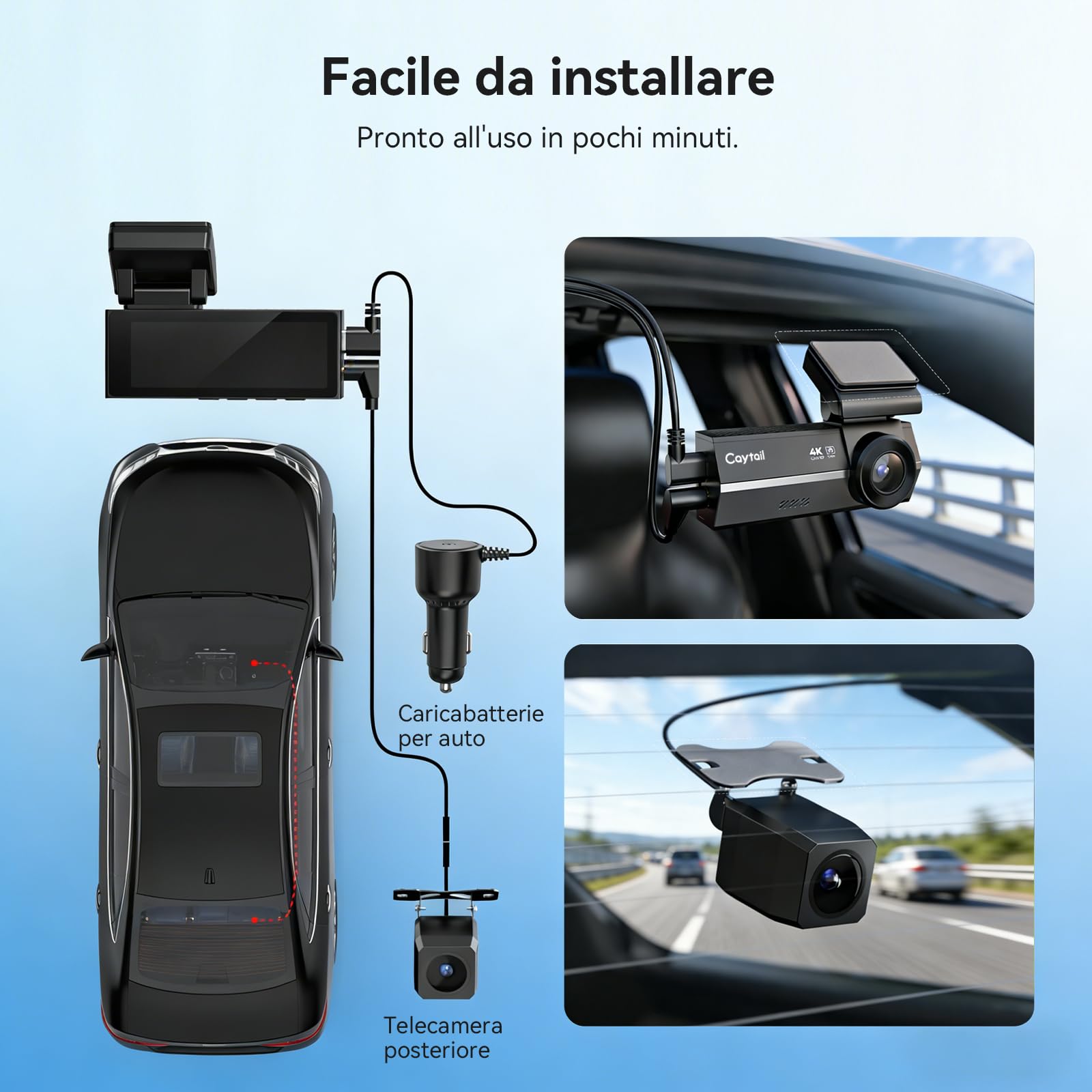 Dash Cam Auto 4K+2K – Dashcam WiFi 5GHz con Scheda 64GB, Telecamera per Auto Fronte Retro, Grandangolo 170°+120°, Visione Notturna WDR, Sensor G, Registrazione in Loop, Parcheggio 24h