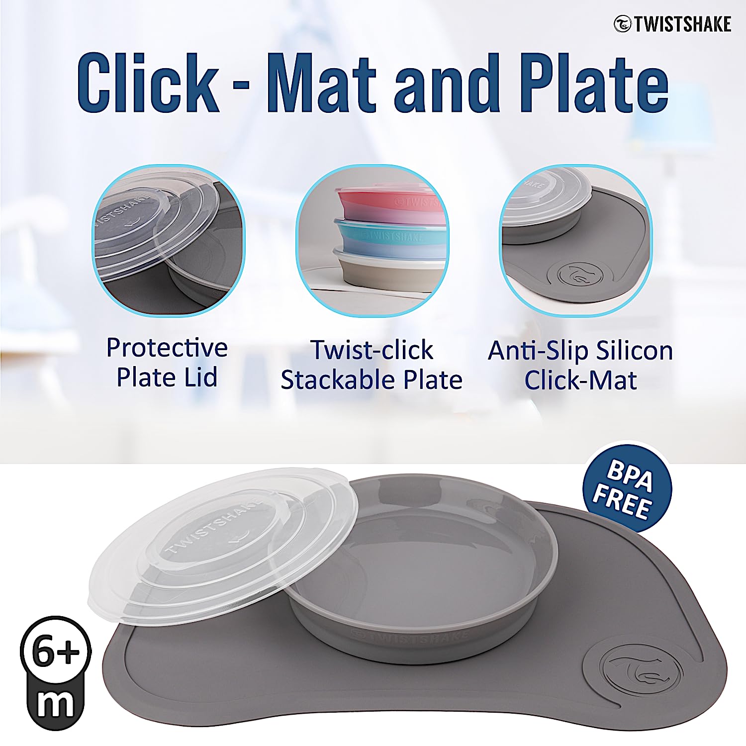 Twistshake Click-Mat Mini + Piatto Grigio Pastello | Misure 31 cm x 17 cm | Senza BPA | Per bambini a partire dai 6 mesi | Lavabile in lavastoviglie