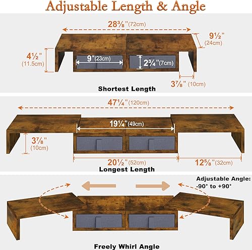 Miniatura 4 de TEAMIX Soporte elevador de monitor doble, soporte de monitor blanco ajustable de longitud y ángulo con 2 cajones para almacenar gran elevador de