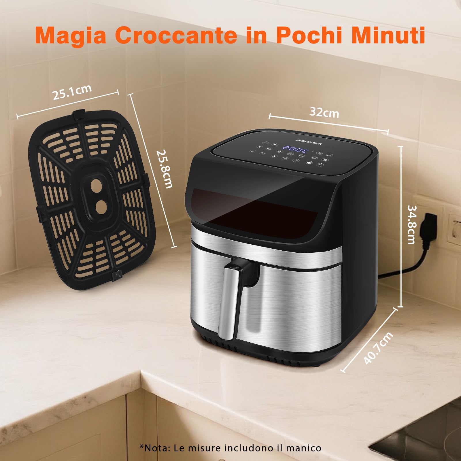 Aigostar Friggitrice ad Aria XXL 8,8 Litri, Air Fryer Doppia Resistenza, Risparmio Energetico 55%, 13 Programmi, Interno Acciaio Inox, Touchscreen & Finestra, Comunità Ricette, 2200W, Nero