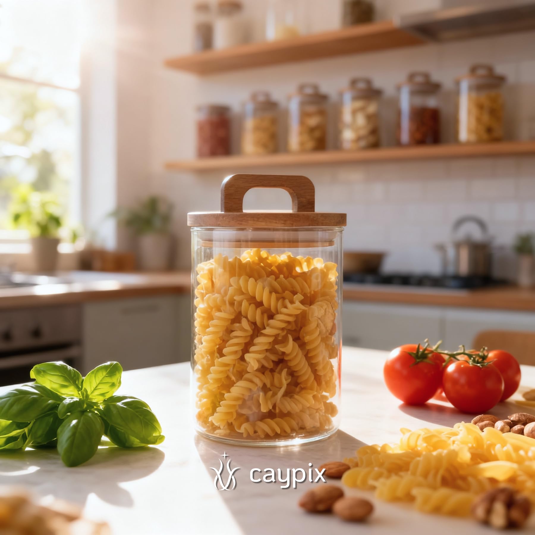 Tarros de almacenamiento con tapa de madera [4 x 800 ml] – Tarros de cristal herméticos – Tarro de almacenamiento con tapa de madera y asa práctica – Tarros de almacenamiento con tapa – Tarros