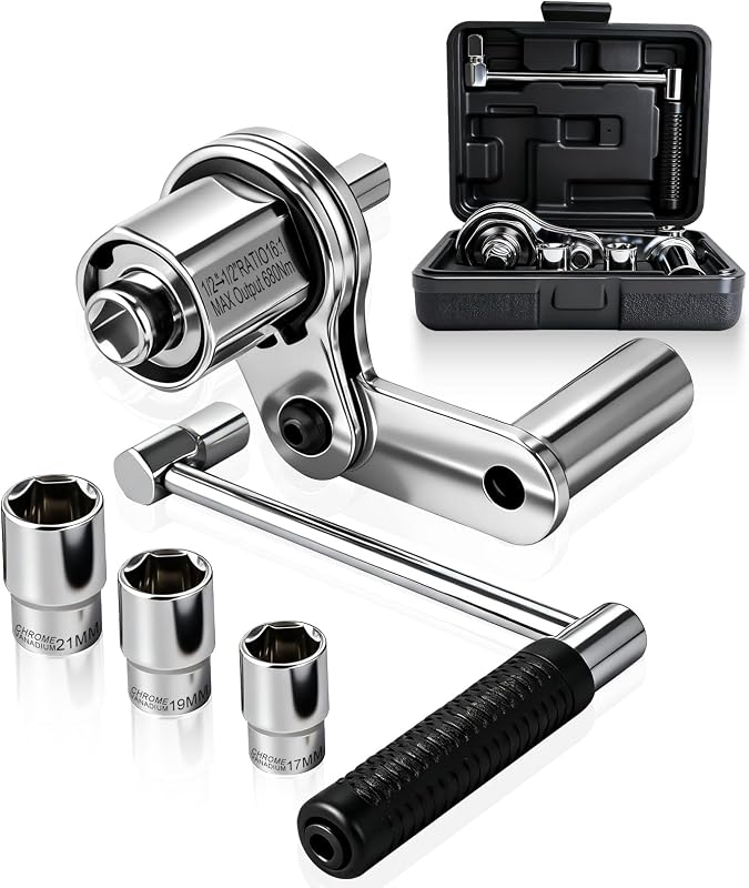 Llave multiplicadora de torsión con accionamiento de 1/2", extractor de tuercas de engranaje 1:16 | Juego de llaves para neumáticos con vasos de 17,19,21 mm, herramienta que ahorra mano de obra para reparación de neumáticos