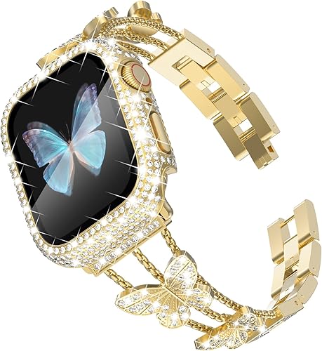 Wingle Correas doradas para Apple Watch de 1.575 in para mujer, iWatch Series 6 5 4 SE pulsera de cristal de diamantes de imitación de mariposa