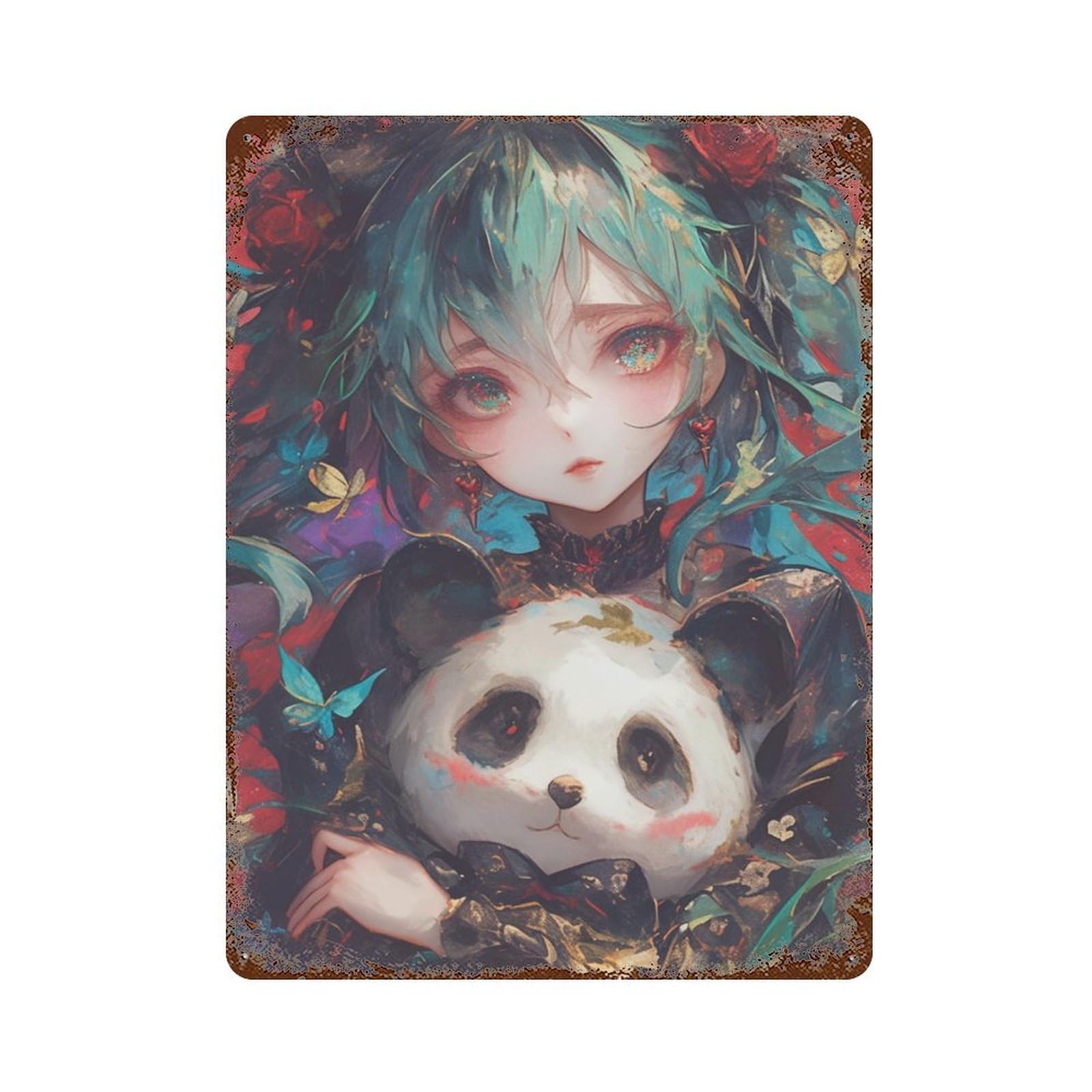 Vintage Rust Metal Sign Fantasy Panda Artwork 15.7"x11.8", Vintage Wall Decor for Office, Studio And Wall Decor