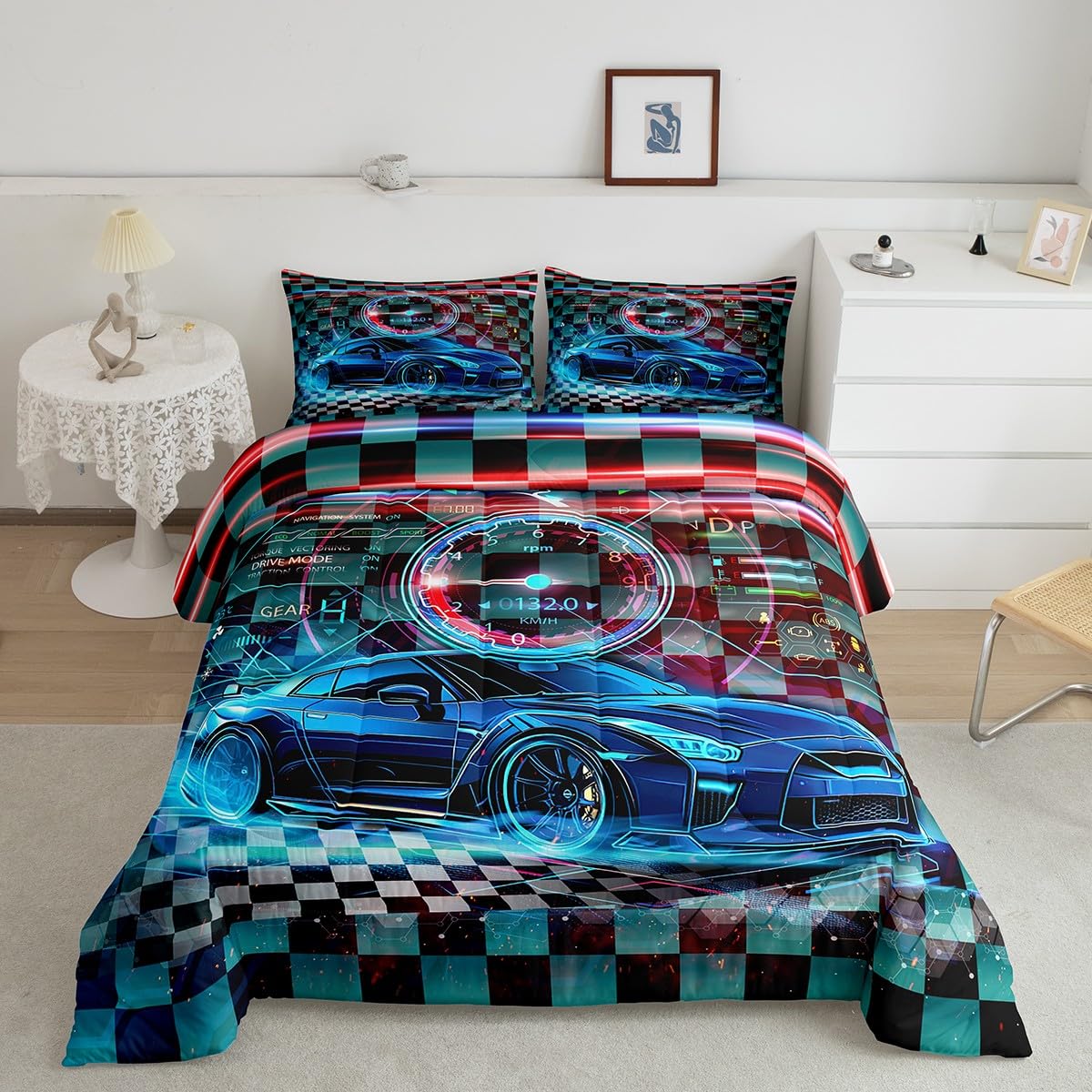 Feelyou Kids Boys Race Car Comforter Set,Racing Car Bedding Set Full Size for Teens Boys Bedroom Room Decor,Sports Cars Comforter,Race Cars Bed Set