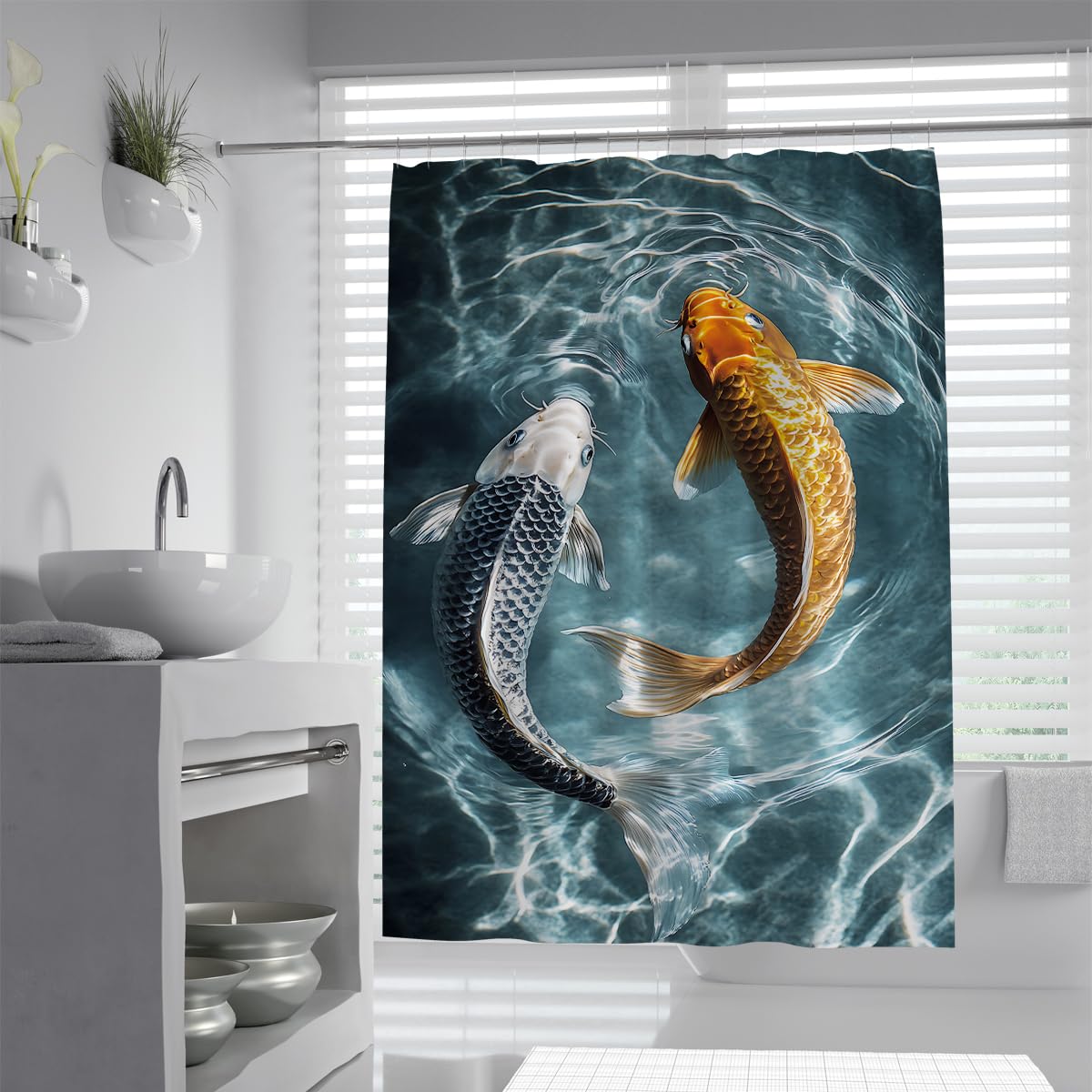 UIRINGART Asian Shower Curtain W100xL200cm Gold Black Carp Clear Teal Water Waves Pattern Bathtub Shower Curtain Waterproof Easy to care Anti Mould Polyester Fabric with Hooks
