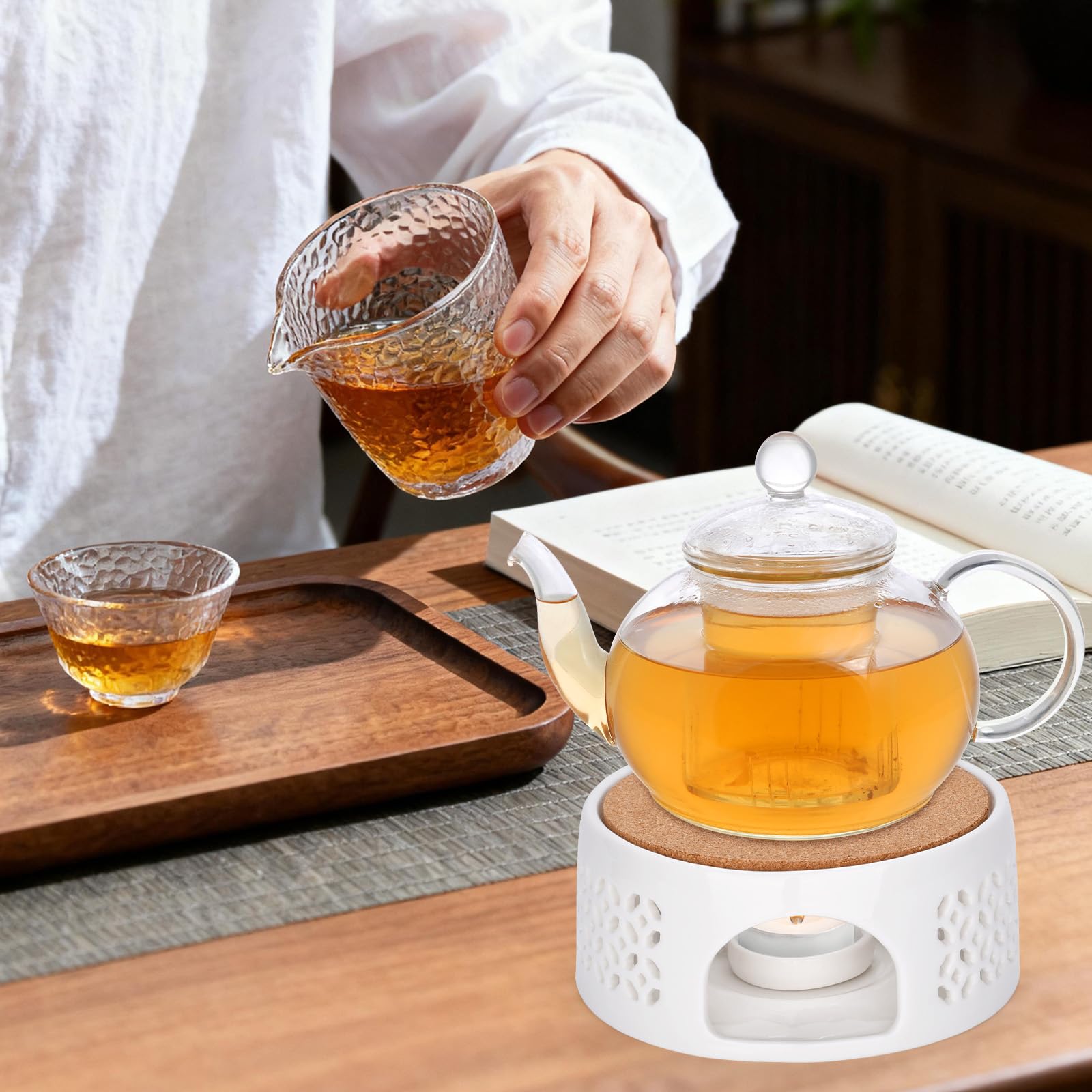 Calentador de Té de Cerámica con Portavelas, Diseño Hueco Tallado, Base para Mantener Caliente Té, Café y Leche