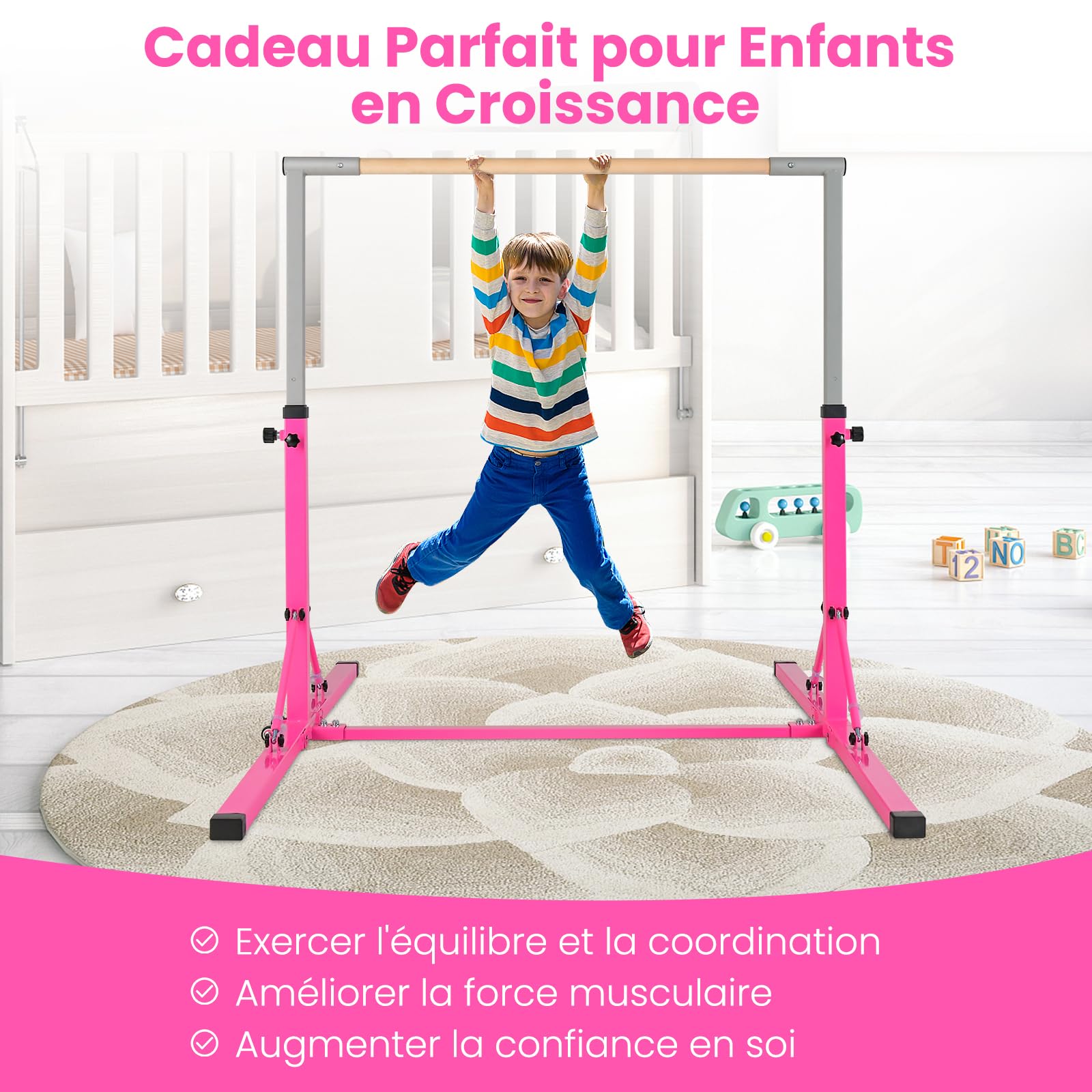 GOPLUS Barra de entrenamiento de gimnasia de acero, barra horizontal altura ajustable de 94 a 150 cm, capacidad de peso 100 kg, ideal para ejercicios en interiores, escuela, hogar, jardín