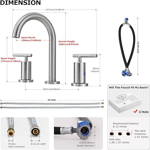Miniatura 5 de PARLOS Grifo de lavabo de baño de 2 manijas de 8 pulgadas, 3 agujeros con líneas de suministro de grifo cUPC, níquel cepillado, 1.2 GPM, 1437402PD