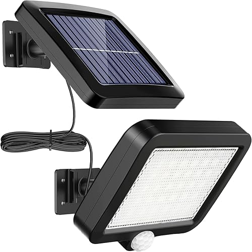 Miniatura 1 de Luz solar con sensor de movimiento para exteriores, paquete de 2, 56 LED, 300 LM súper brillante, panel solar dividido con cable de 16.5 pies, IP65