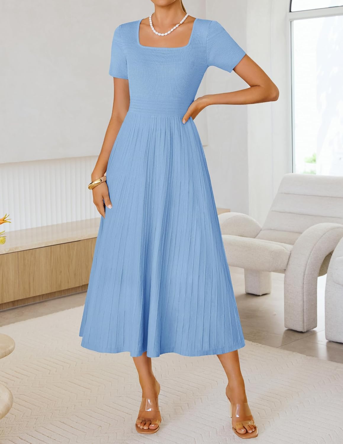 ZESICA Womens Summer Pleated Midi Dress 2026 Spring Business Casual Short Sleeve A-Line Elegant Wedding Guest Party Dresses - Image 2