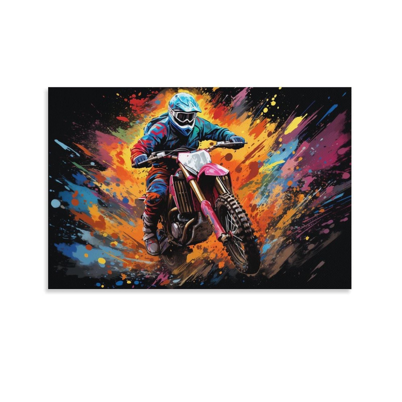 CPLVKWRQJ Bright Magical Colorful Single Piece Dirt Bike Rider Vibrant Art Canvas Wall Hanging - Kitchen Removable Wall Art Focal Point Ready to Hang 20x30inch(50x75cm)