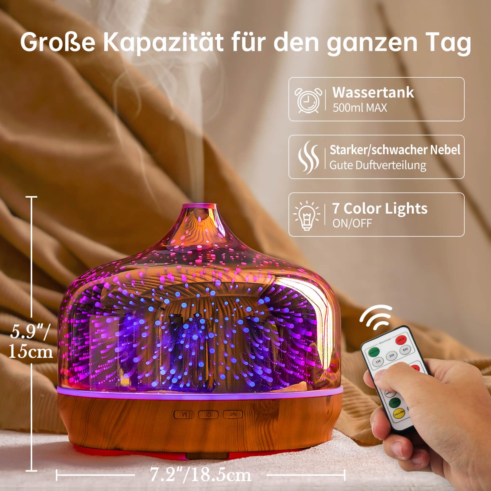 Porseme Diffusore di aromi in vetro con telecomando, effetto 3D, soffiato a mano, per fuochi d'artificio, umidificatore ad ultrasuoni, per oli essenziali, silenzioso, 7 colori, luce a LED, per casa