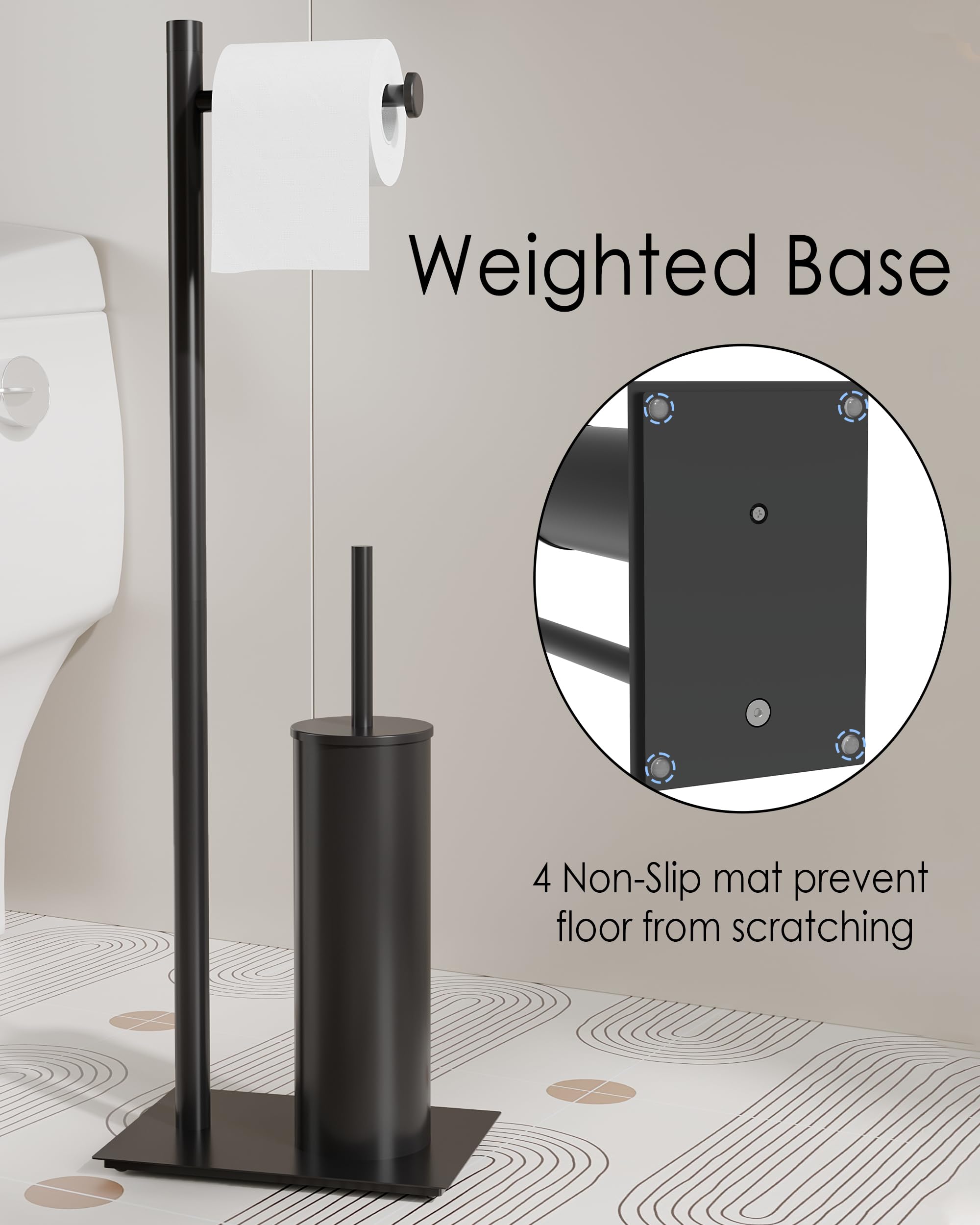 WZRUA Black Freestanding Toilet Roll Holder and Toilet Brush Holder Set, 304 Stainless Steel Toilet Paper Holder Stand - Image 4
