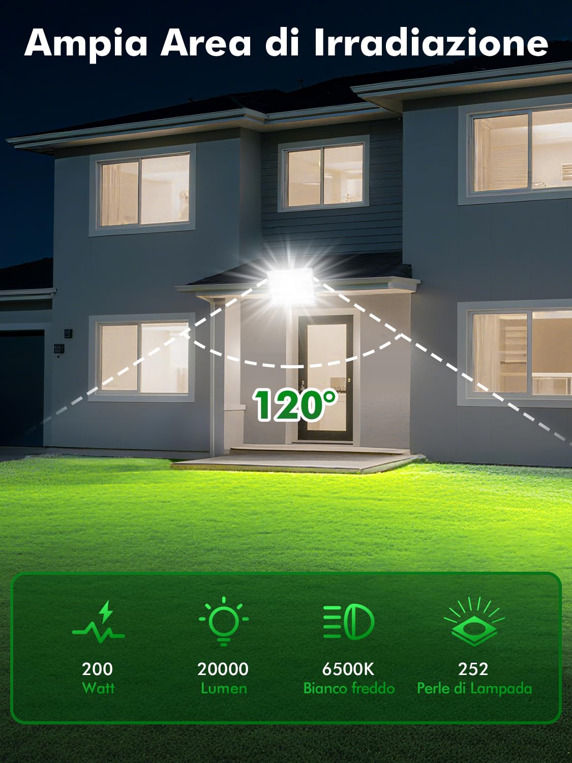 Faretto LED da Esterno 200W 2 Pezzi,6500K Bianca Fredda Faro LED,20000LM Super Luminoso Faretti 𝐋𝐄𝐃,IP66 Impermeabile Fari 𝐋𝐄𝐃 da Esterno per Giardino, Terrazza, Garage