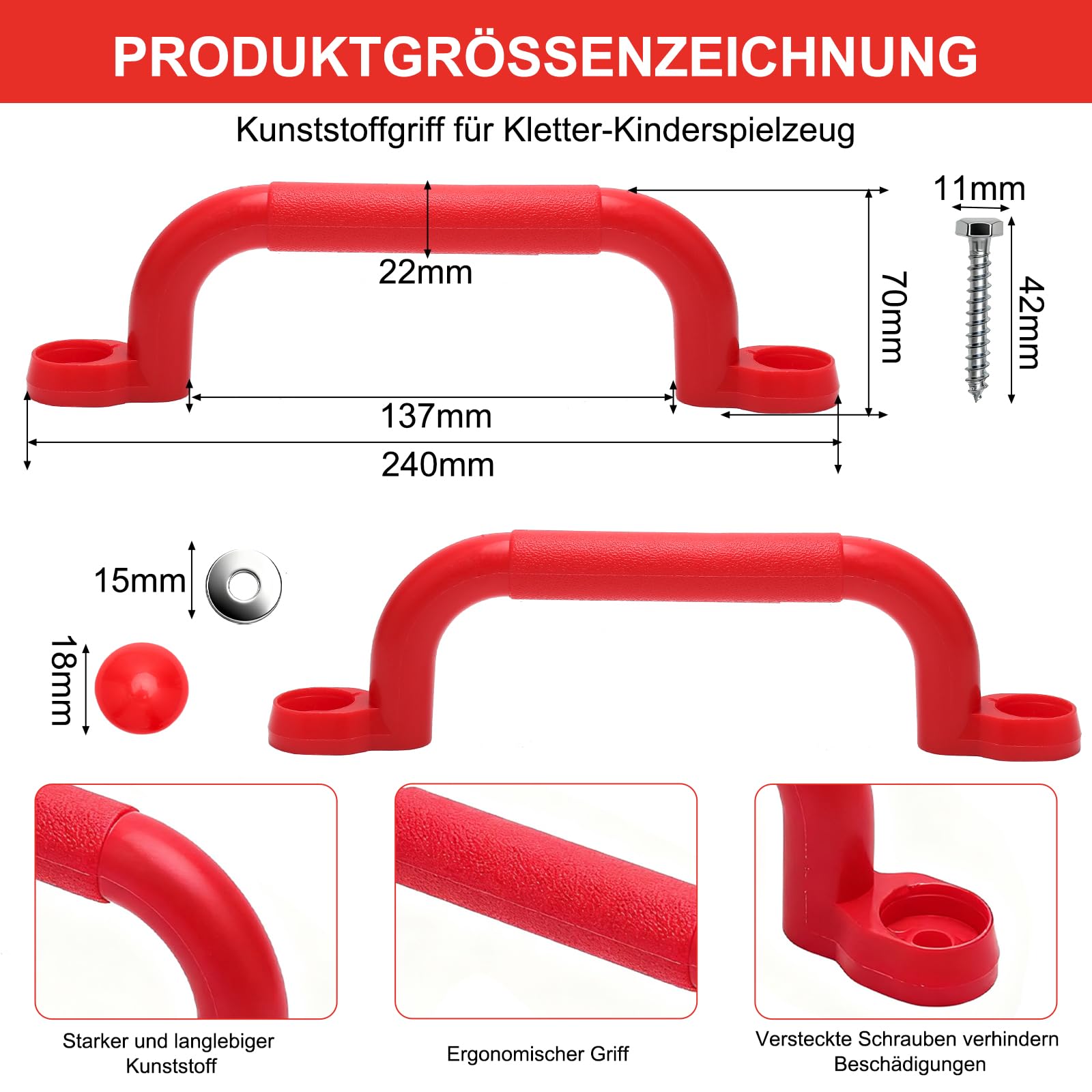 VOSSOT 2 Maniglie per Torre Giochi, Maniglie di Sicurezza in Plastica, Robuste per Bambini da Interno Ed Esterno per Casette da Gioco, Alberi, Strutture per Arrampicata (Rosso)