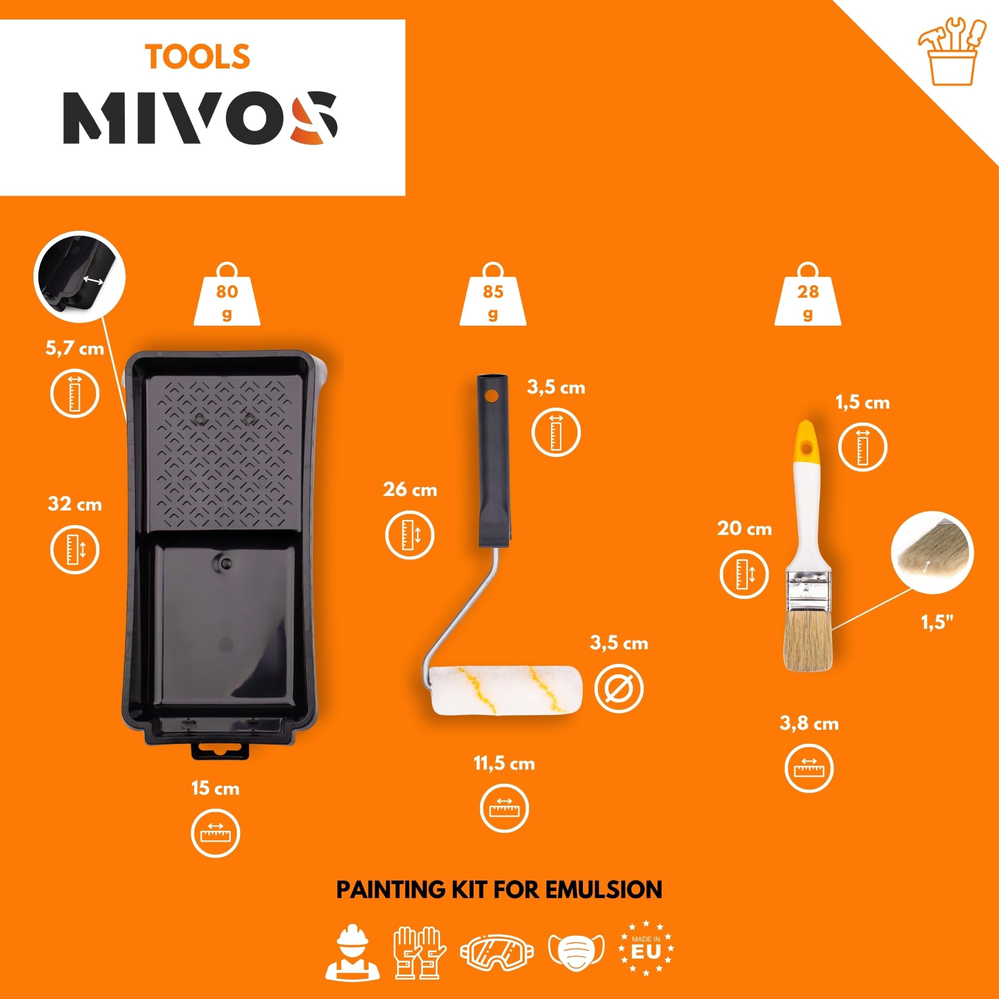 Mivos Set De Peinture 6 Pièces - Rouleaux à Peinture 18 Cm - Pinceau 36 Mm - Bac à Peinture - Film Et Ruban De Protection - Kit De Peintre Pour Les