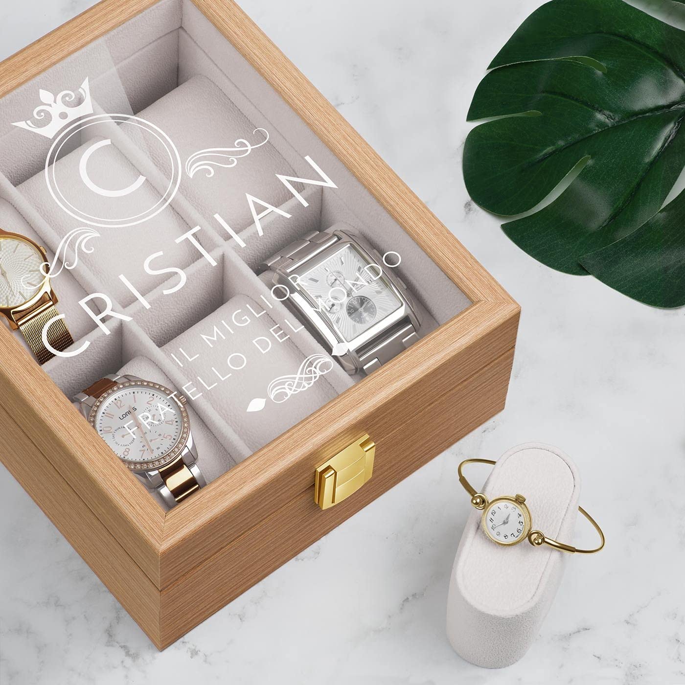Maverton scatola porta orologi - con incisione personalizzata - in legno - custodia per 6 orologi - in legno - 20x16,5x8cm - regalo uomo compleanno - re