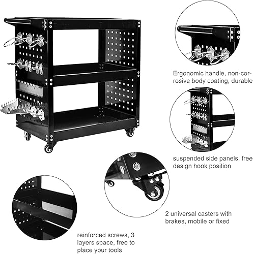 Miniatura 5 de Carro de herramientas rodante, carrito de almacenamiento de herramientas mecánicas de alta resistencia de 3 niveles sobre ruedas, kit de tablero de