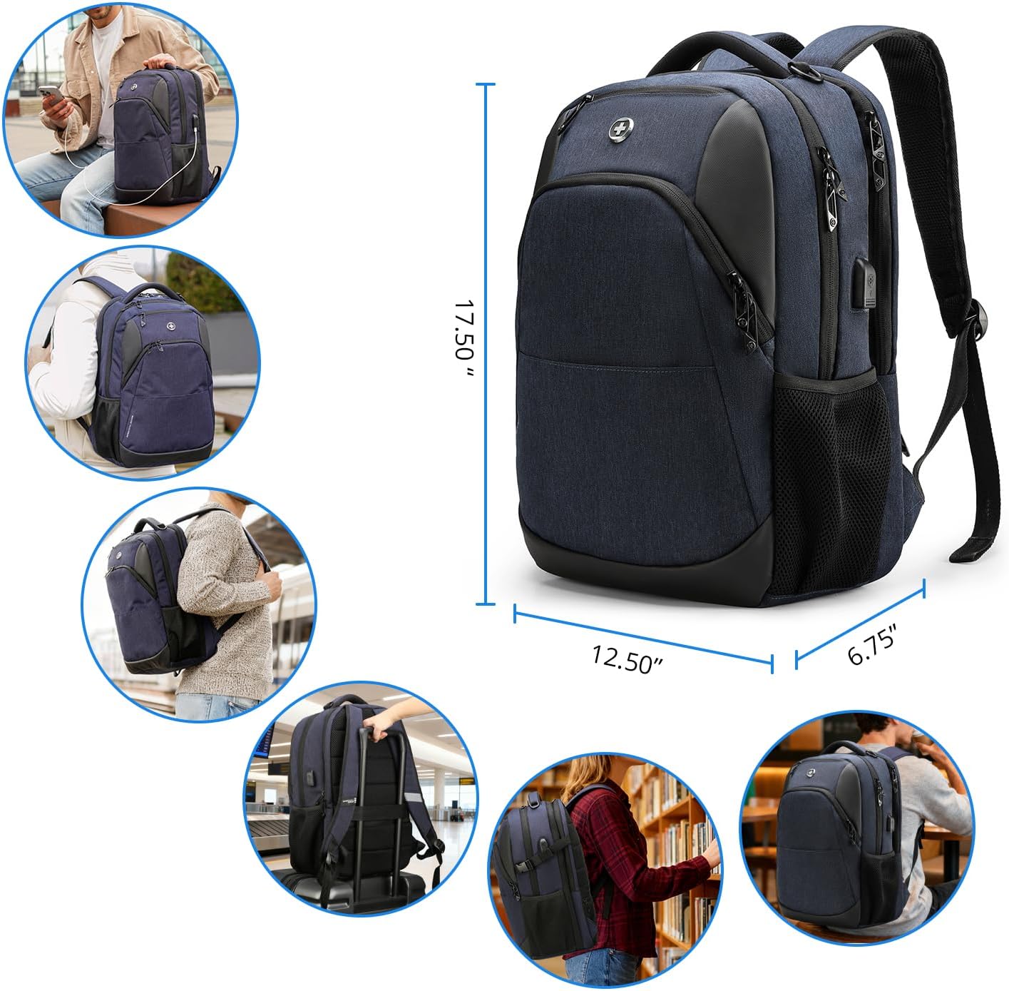 Swissdigital Design Travel Laptop Backpack for Men and Women, Business Backpack with USB Charging Port for Fits 16 Inch Notebook, Blue | SD1670-12 - Image 5