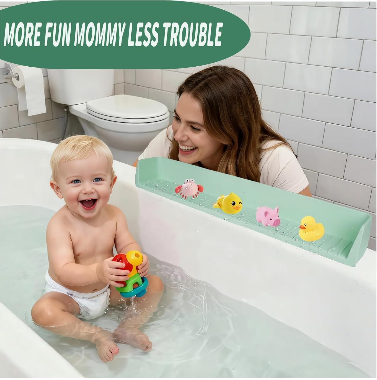 Bathtub Splash Guard for tub Kids& Bath Shelf for Kids – Toddler Bath Tray, Bath Toys Storage & Ledge Organizer – Splash Guard for Bathtub with Suction Cups – Kids Bathroom Accessories(2.6FT, Green)