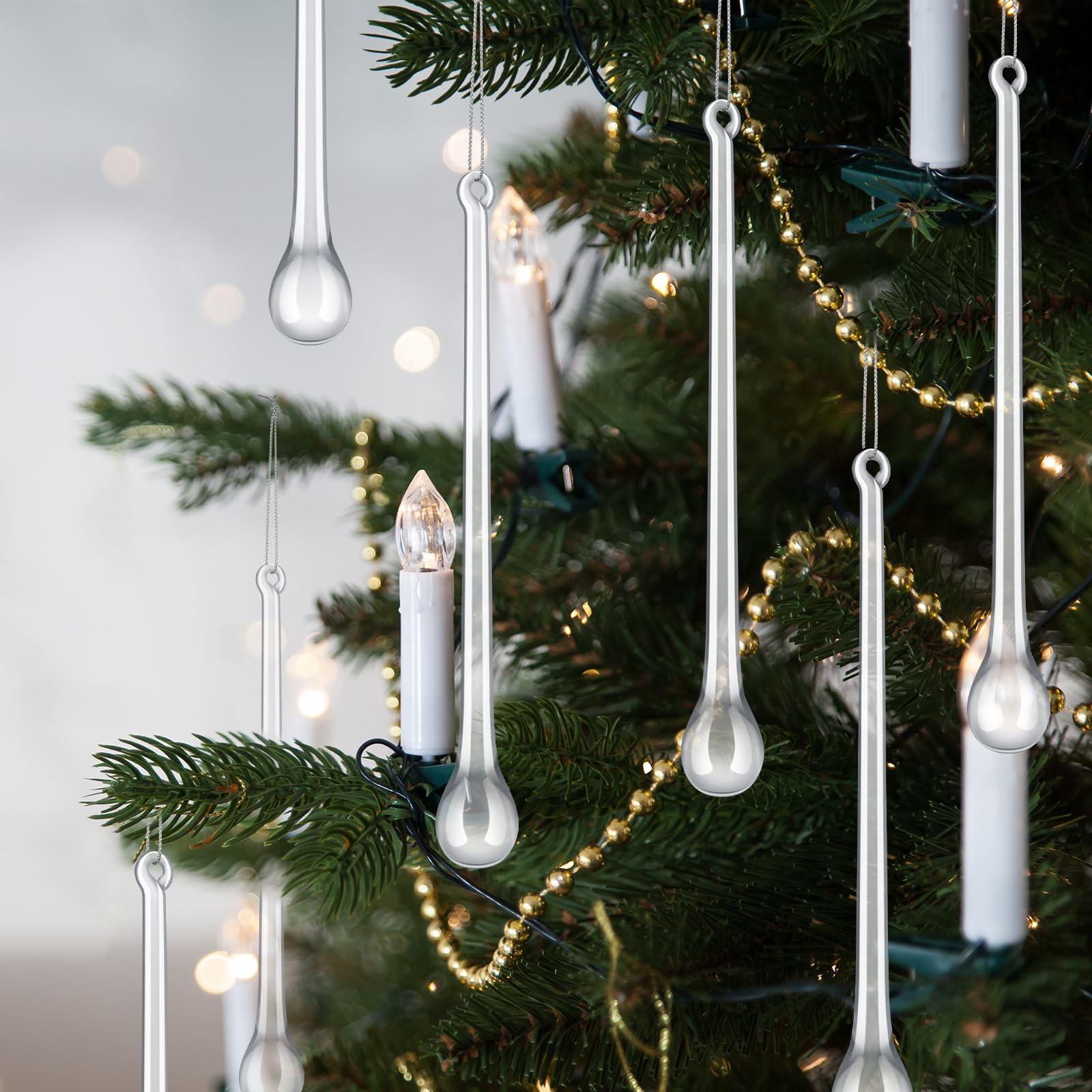 Glas-Eiszapfen, Weihnachtsschmuck, 12,9 x 1,5 cm, extra lang, transparent, Tropfenform, Weihnachts-Kronleuchter, Ornamente, Kristall-Hängeornamente, Glas-Regentropfen für