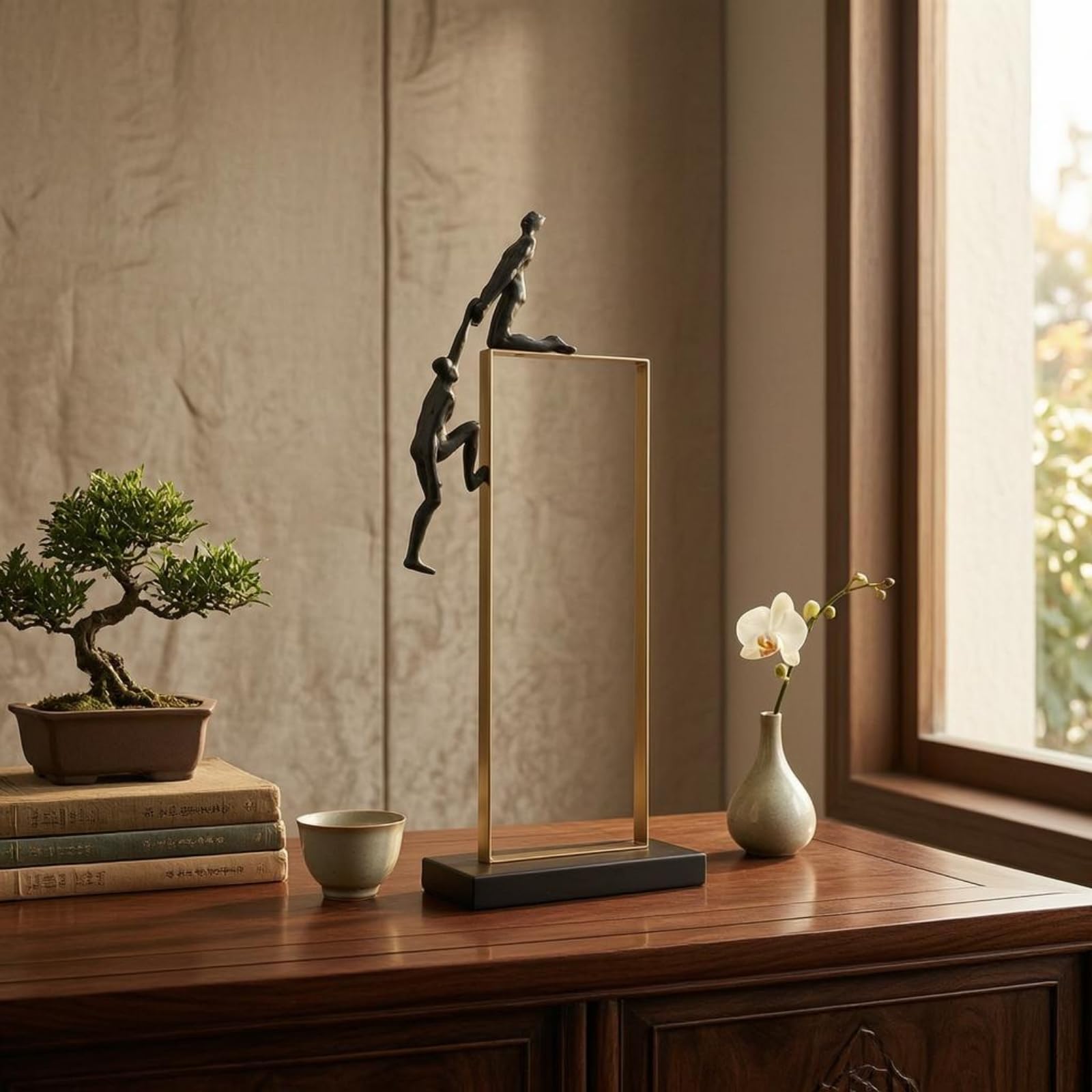 Figurina Decorativa Scultura Statua da Tavolo Soprammobile Elegante in Metallo con Telaio Rettangolare E Fondello Nero Adatta per Consolle Studio, 22 10 45.5cm