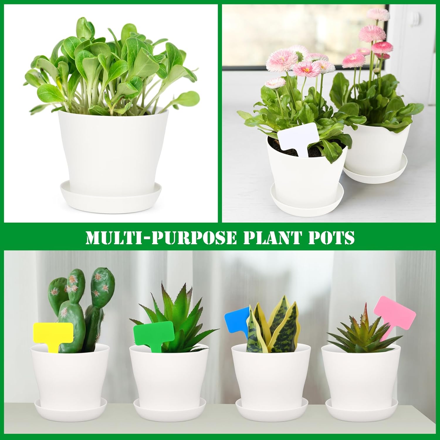 Hahood 48 Pack Plastic Planters 4 Inch Flower Plant Pots Indoor Set Thickened Seedling Nursery Pots Seed Starting Pots with Drainage Holes Saucers, Mini Garden Tools for Home Office Garden, White