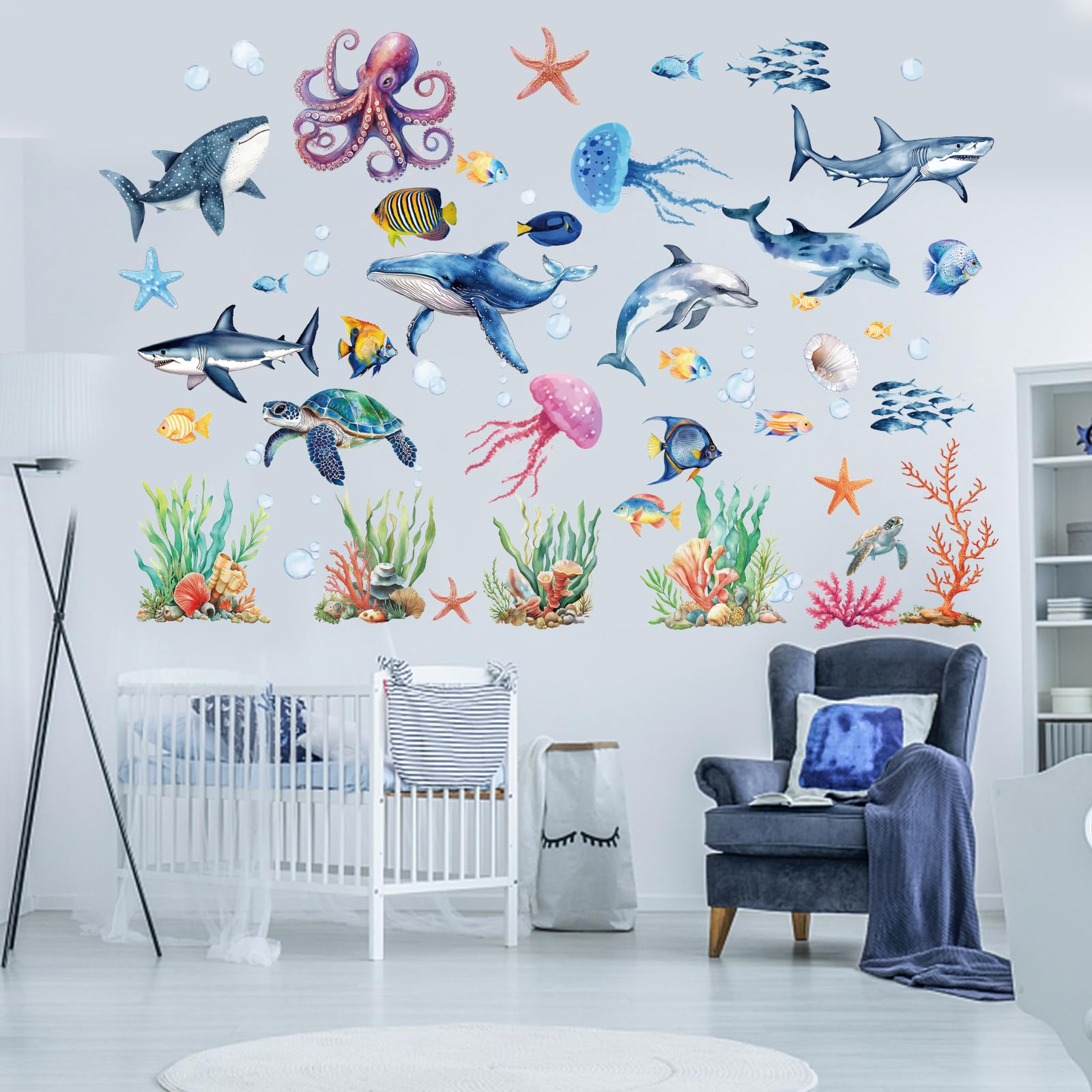 PLIGREAT 3 Sheets Colorful Sea Animals Wall Stickers Underwater World Removable Vinyl Wall Decals for Kids Bedroom Reading Room Nursery Living Room Wall DIY Decorative Stickers