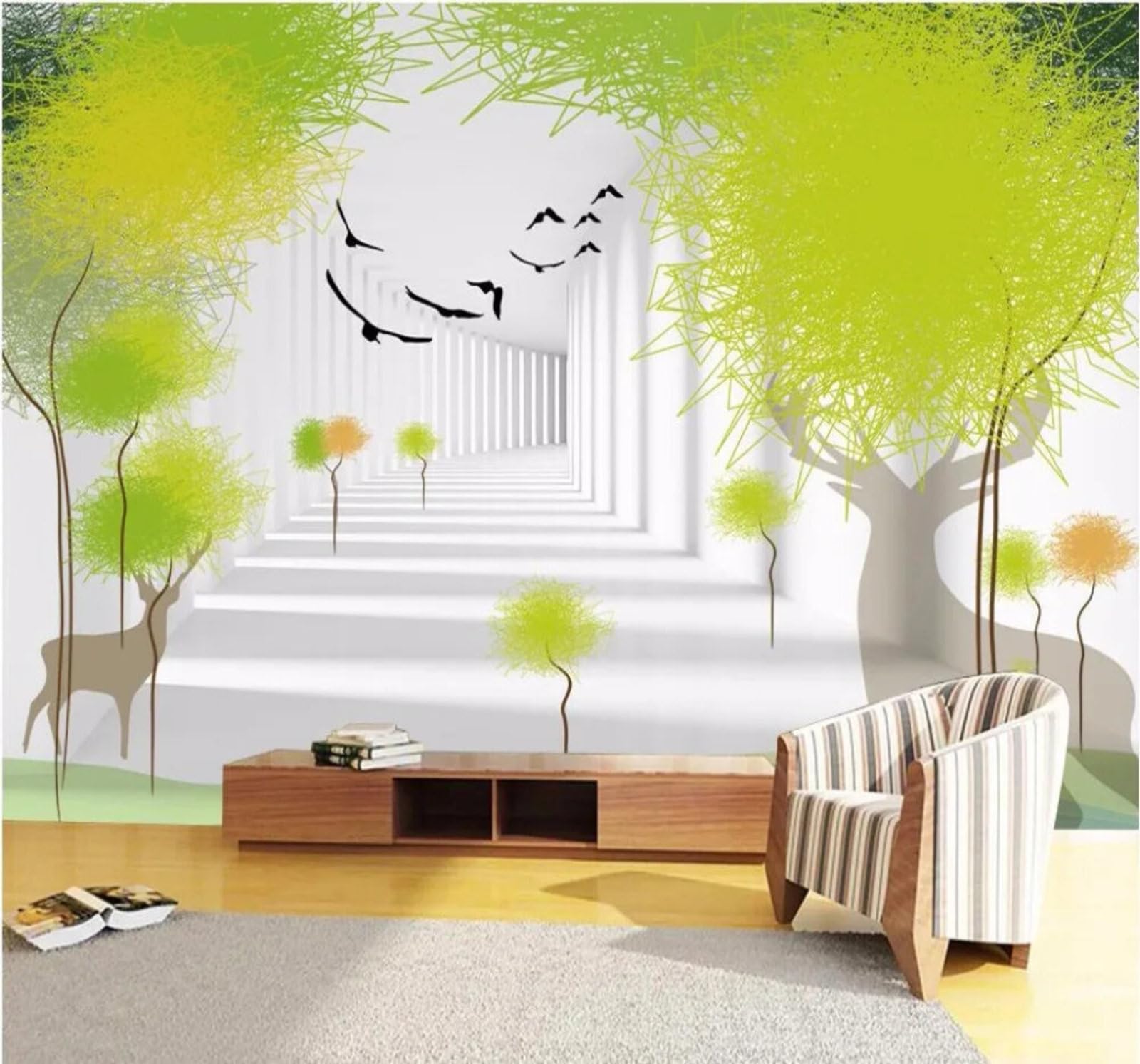 Xlming 430Cm×300Cm(B×H) Three Dimensional Corridor Birds In Flight Trees Elk 3D Wallpaper Premium Textured Silk Study Dining Living Room Bedroom Sofa Tv Wall Easy Install-430Cm×300Cm