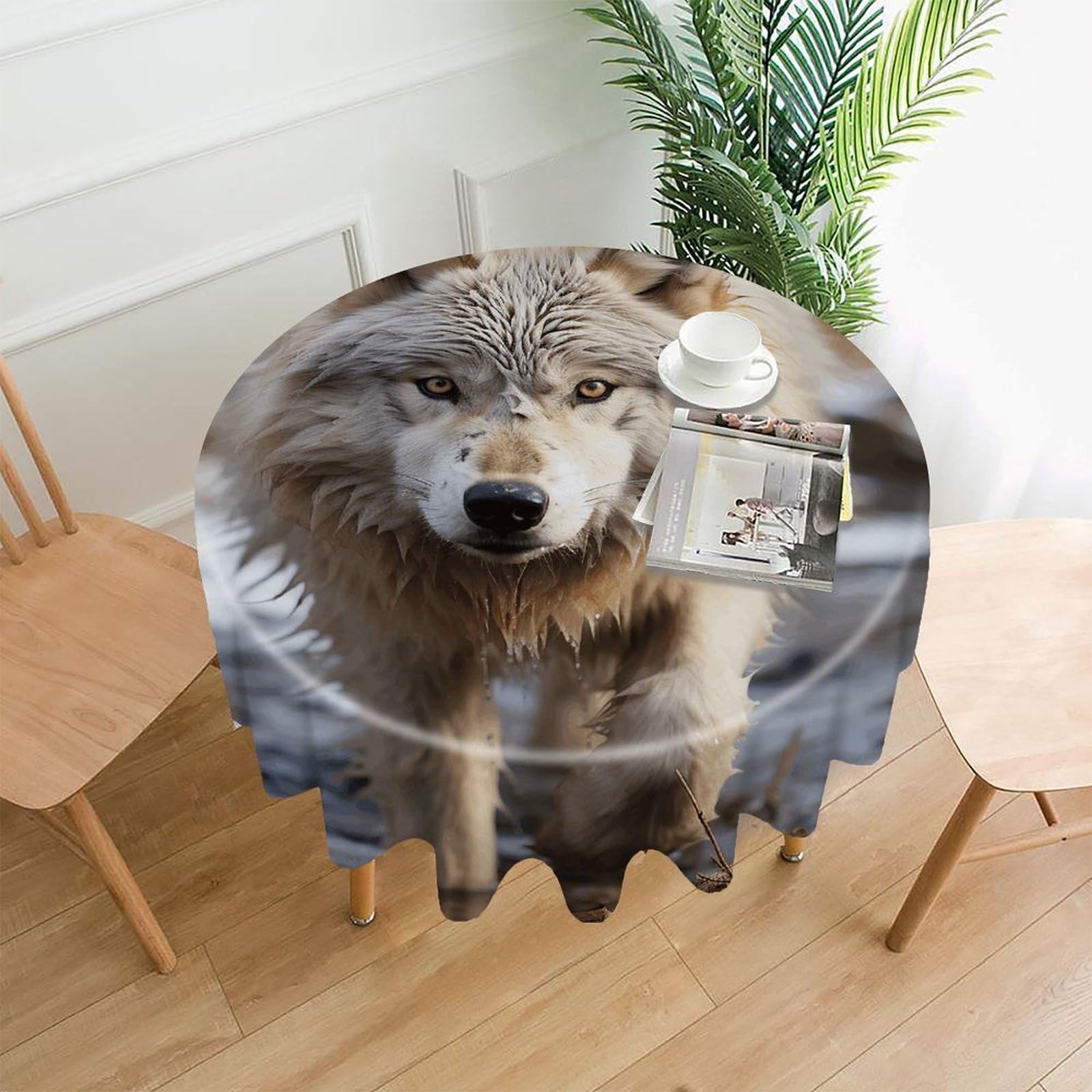 VstaDank Walking Wolf Tablecloth Easy to Clean Polyester Round Table Cover Washable Round Table Cloth Wrinkle-Free Circle Decoration Tablecloth for Kitchen Dining Room 60"