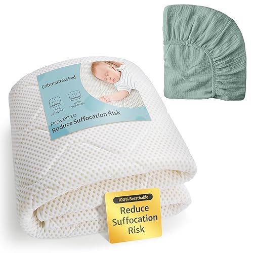 Protector de colchón impermeable para cuna, 100% transpirable, acolchado, con muselina verde romano, sábana para cuna, de repuesto, se adapta a cuna