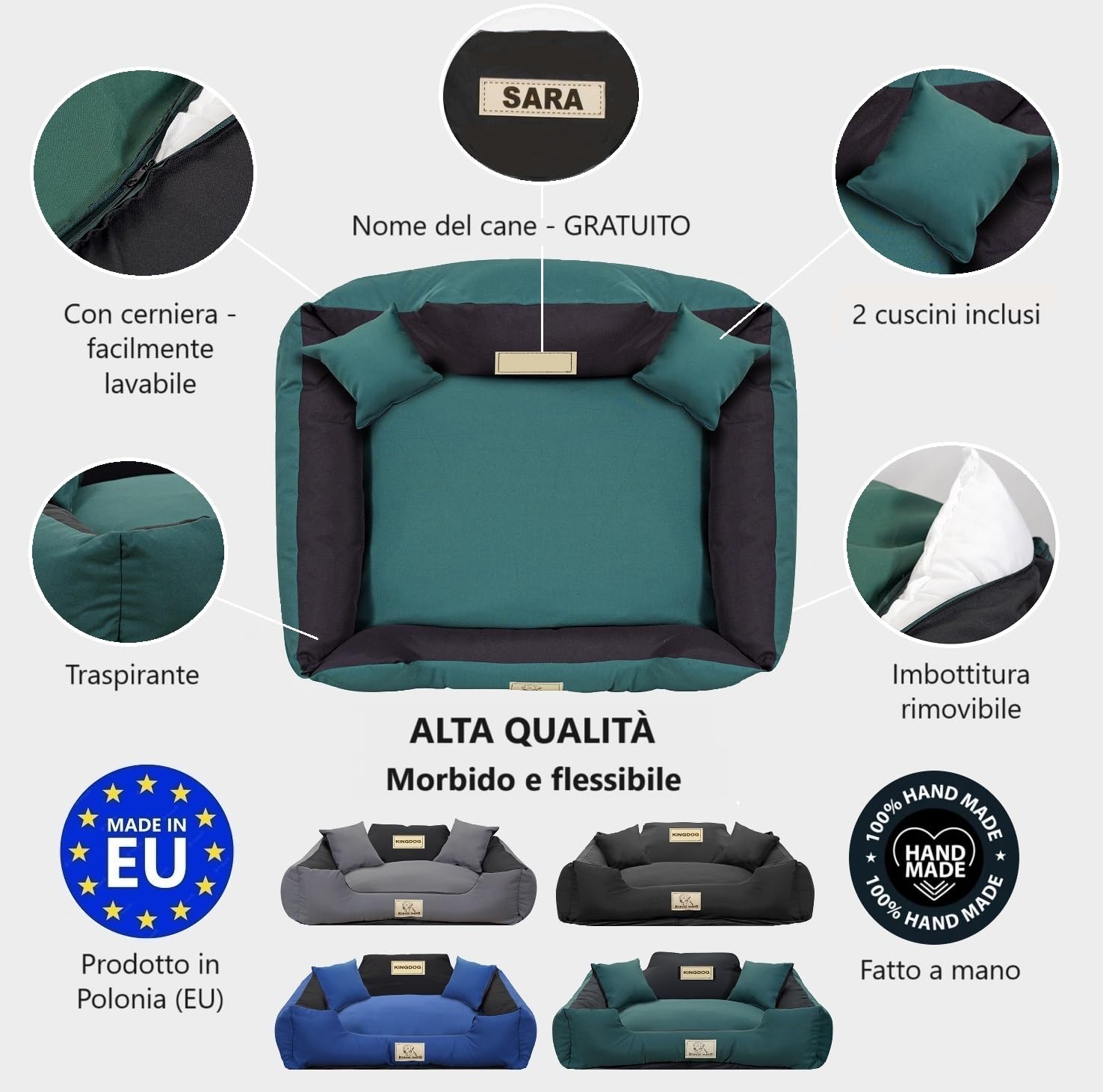 Letto per Cani Medio Taglia M 75x65 cm | Personalizzazione - Nome del Cane | Copertura Rimovibile e Lavabile | Divano per Cani Adatto al Lavaggio | Base antiscivolo | Cuccia Cane Interno Verde