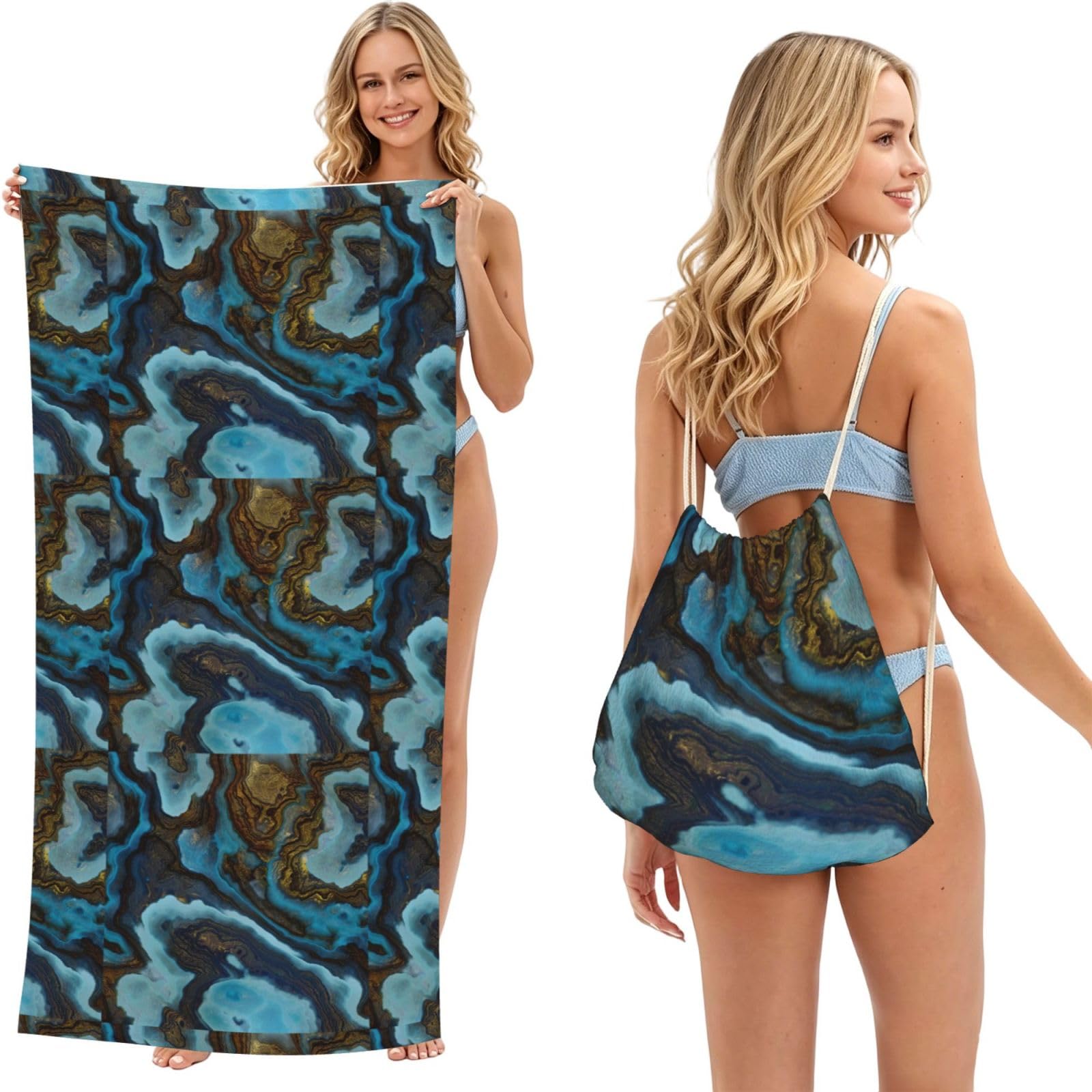 Poadnly As Picture Abstract Liquid Marble Blue Golden, 2 In 1 Packable Towel Bag, Beach Towels With Drawstring Backpack For Travel Holiday Camping
