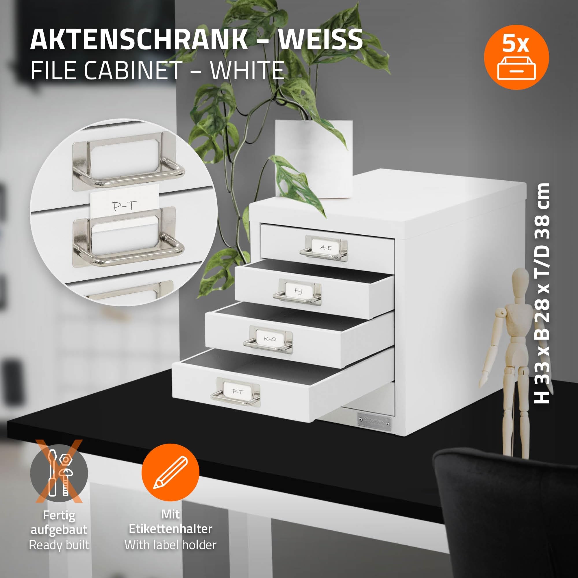 ML-Design Armadio per Archiviazione con 5 Cassetti 28x38x33 cm Bianco Cassettiera in Metallo per DIN A4 Schedario per Ufficio con Portaetichette Armadietto in Acciaio Portautensili Portaoggetti