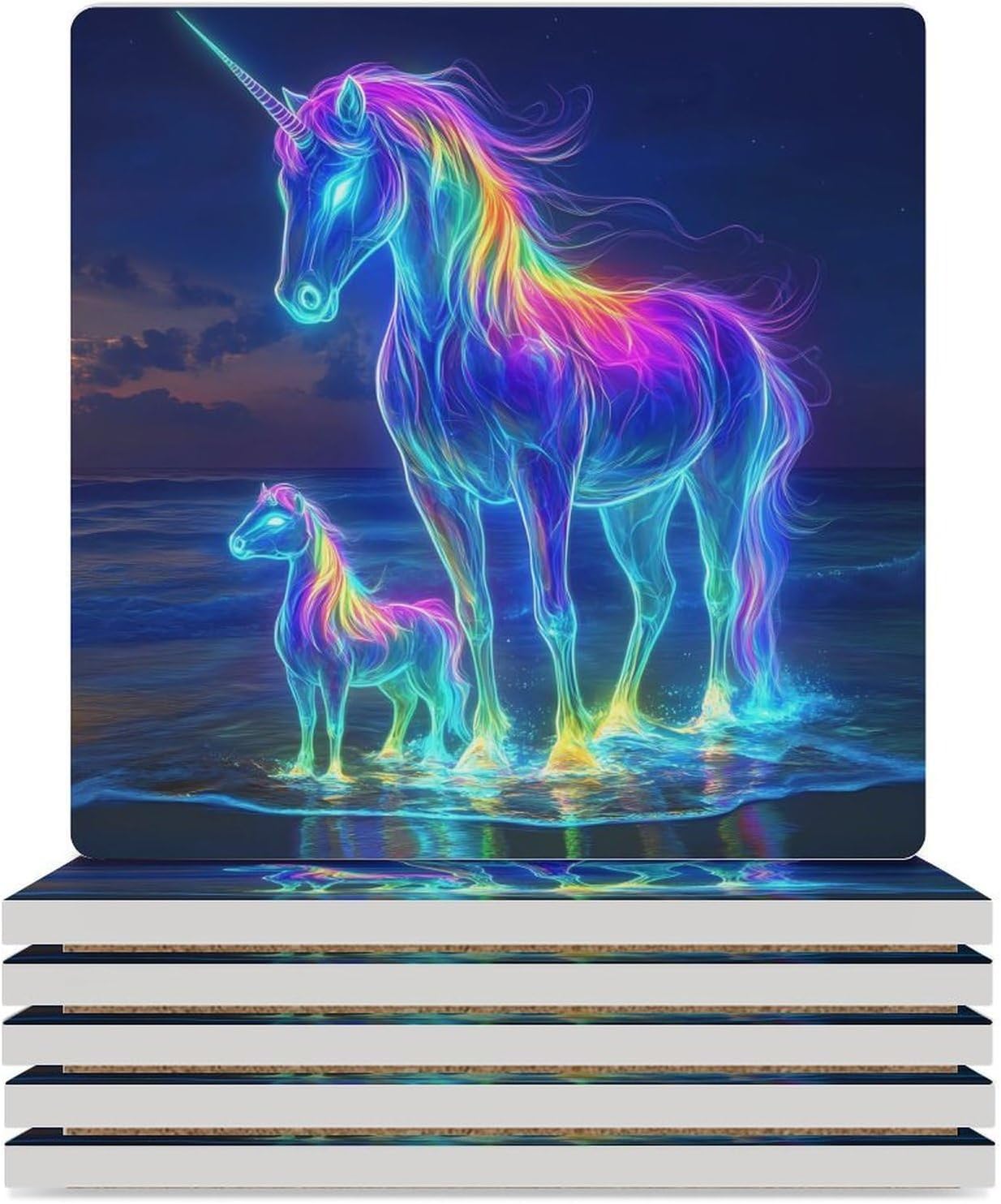 Glowing Horse Funny Ceramic Coasters for Drink Absorbent Cup Holders Tabletop Protection