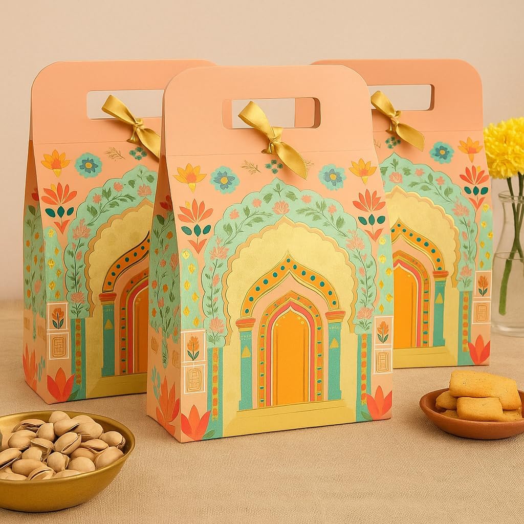 SATYAM KRAFT 5 Pcs Small Multipurpose Foldable Decorative Rajwadi Hamper Boxes with Handle & Ribbon | Gifting & Gift Packaging for Diwali, Deepawali, New Year, Wedding, Birthday, Dry Fruits, Sweets (Peach)-image-31