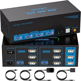8K@60Hz HDMI KVM Switch 3 Monitors 2 Computers 4K@120Hz USB 3.0 KVM Switches for 2 PC Share Triple Monitor and 4 USB Ports Supports Extended&Copy Mode.Wired Controller DC 12V/1A Adapter Included