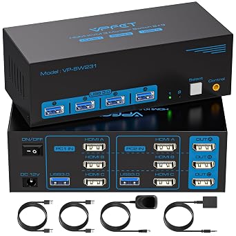 8K@60Hz HDMI KVM Switch 3 Monitors 2 Computers 4K@120Hz USB 3.0 KVM Switches for 2 PC Share Triple Monitor and 4 USB Ports Supports Extended&Copy Mode.Wired Controller DC 12V/1A Adapter Included