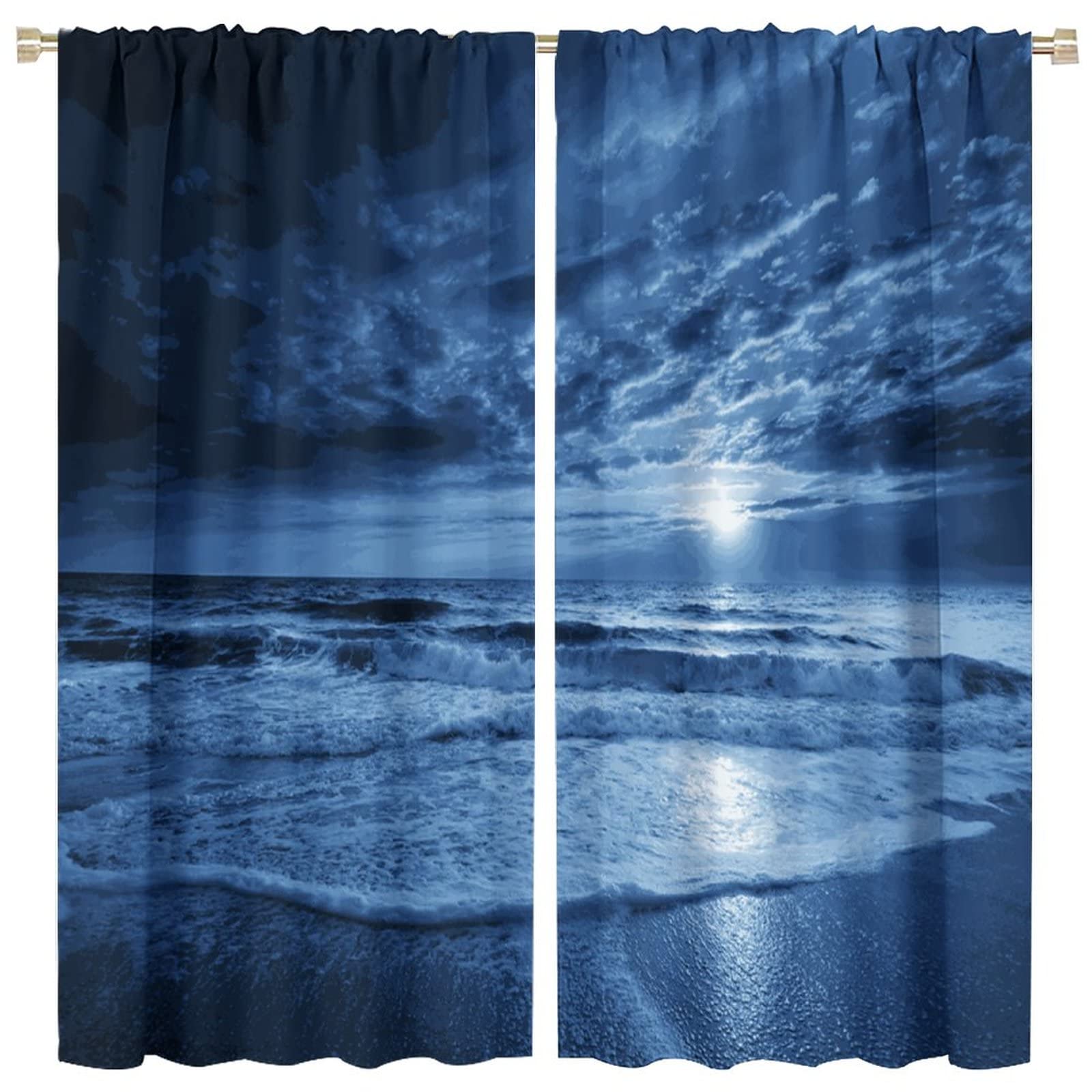 Night Sky Curtains Full Moon and Foggy Clouds with Sea Ocean Curtain for Bedroom Living Room Window Drapes 2 Panel 63W×63L Inch Blue White