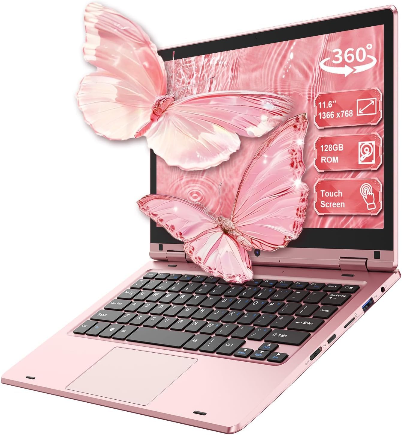 11,6'' Ordinateur Portable Tactile Pliable à 360°, Laptop Celeron N4020, 6Go RAM 128Go SSD, WiFi (2,4G/5G), Bluetooth, 1366 x 768 IPS, Webcam, PC Portable sur Mesure pour Les Professionnels - Rose