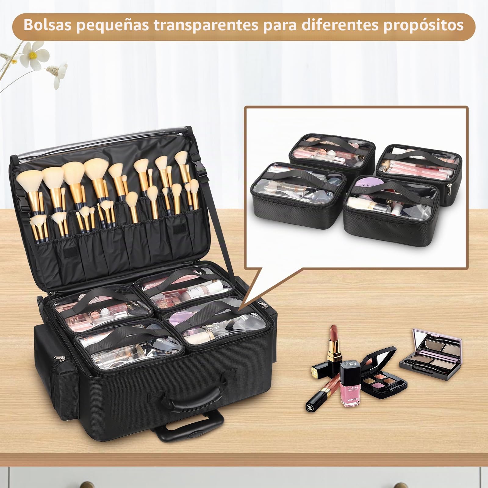 Maletín de cosméticos con ruedas, estuche profesional con divisor ajustable, maletín de maquillaje grande multifunción para técnico de uñas, peluquero, color negro, Negro , Maletín de cosméticos