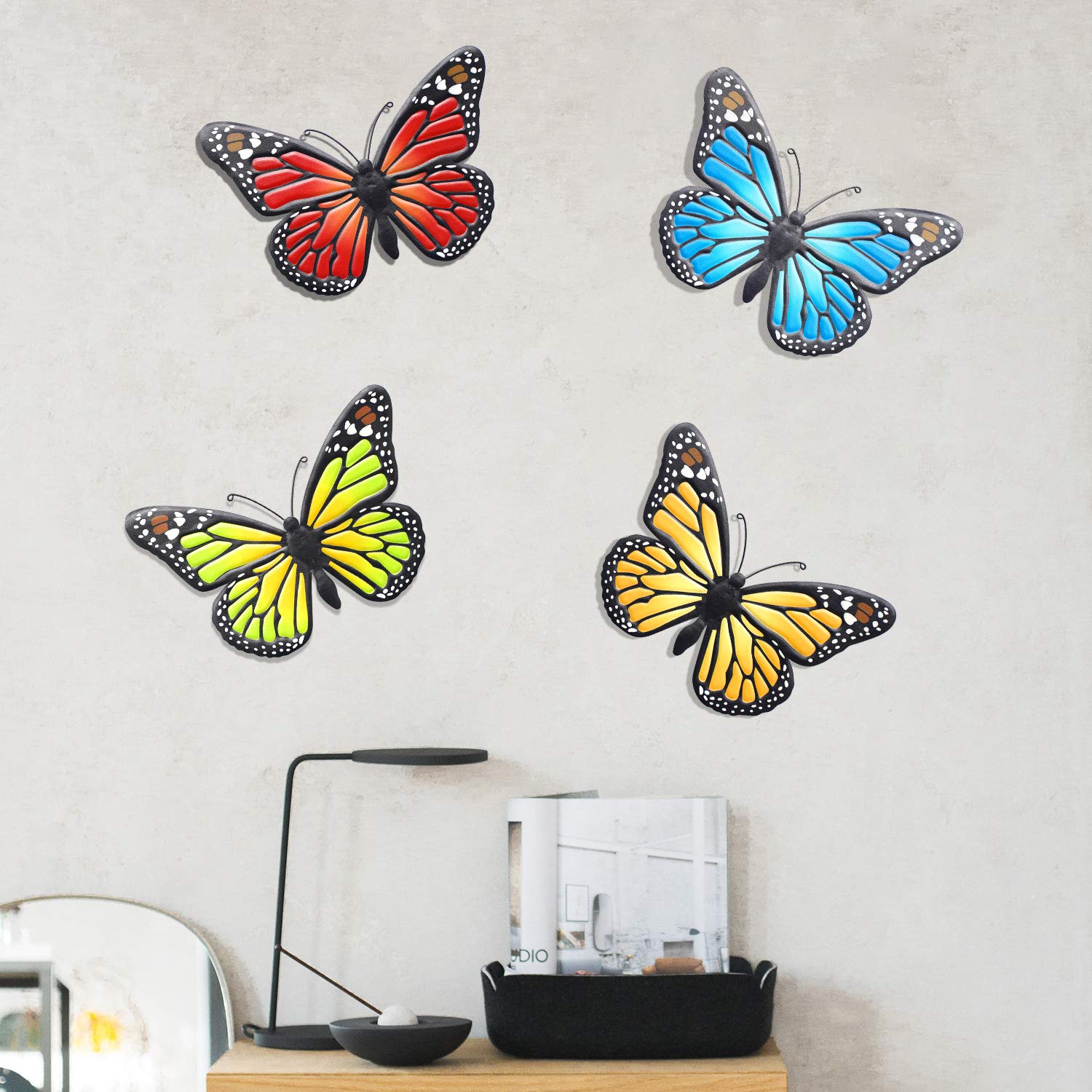 EOORAU Metal Butterfly Wall Art Outdoor Decor - 4 Pack 9.8in Butterflies Wall Sculpture Hanging Decor for Home Yard Patio Garden Decoration (4 Colors)