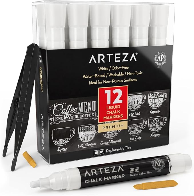 ARTEZA White Chalk Pen Set, 12 Liquid Chalk Pens, 12 Replaceable Chisel