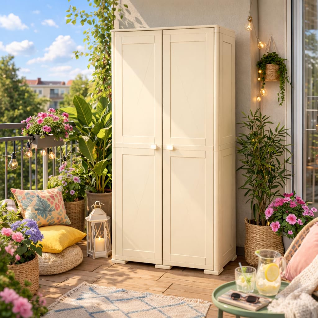 Armadio Multiuso in Plastica 79x43x164 cm – Armadio Contenitore 2 Ante con 5 Vani Interni per Organizzazione Casa (Panna)